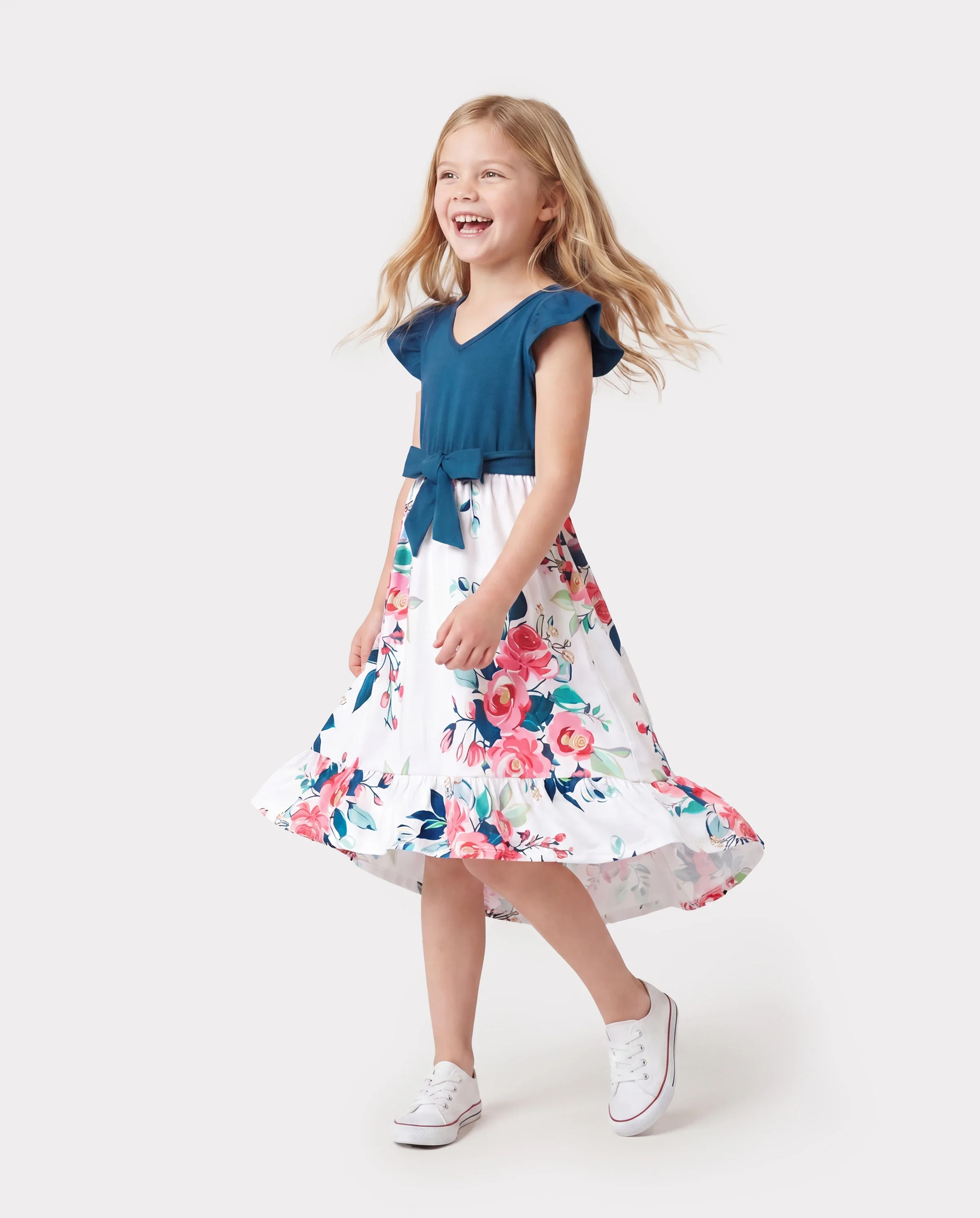 Family Matching Solid V Neck Flutter-sleeve Splicing Floral Print Dresses and Short-sleeve Colorblock T-shirts Sets Azure- - Image 3