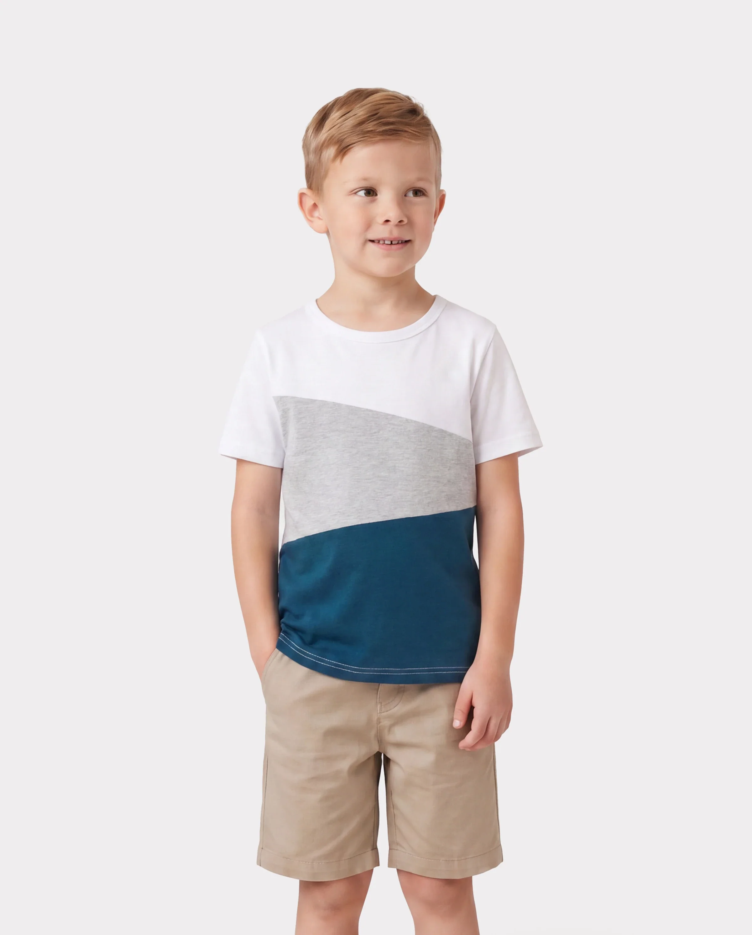 Family Matching Solid V Neck Flutter-sleeve Splicing Floral Print Dresses and Short-sleeve Colorblock T-shirts Sets Azure- - Image 5