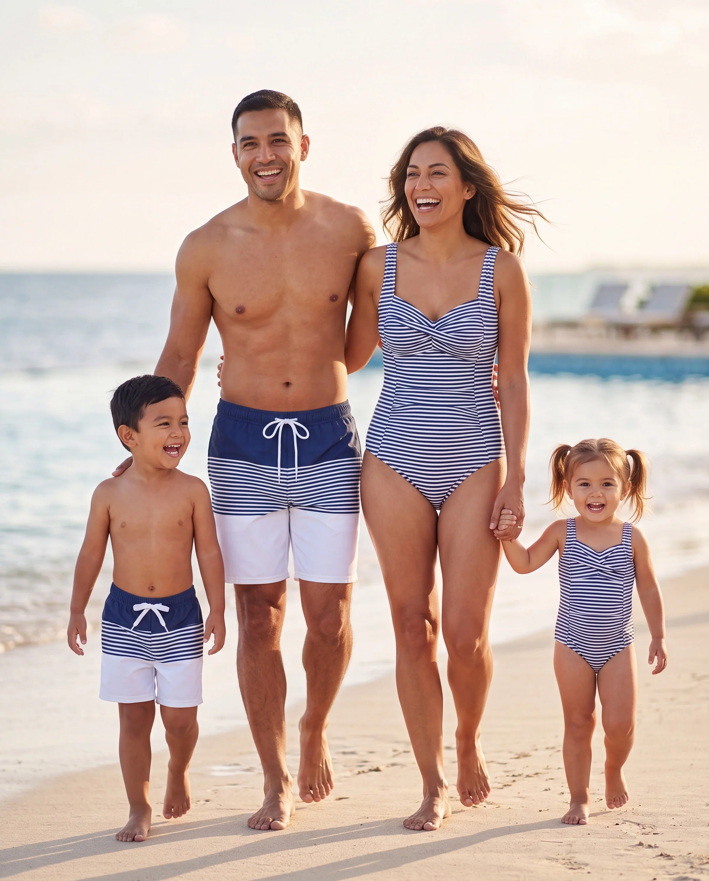 Family Matching Stripe Swim Trunks or One-piece Strap Swimsuit Dark Blue+white - Image 10