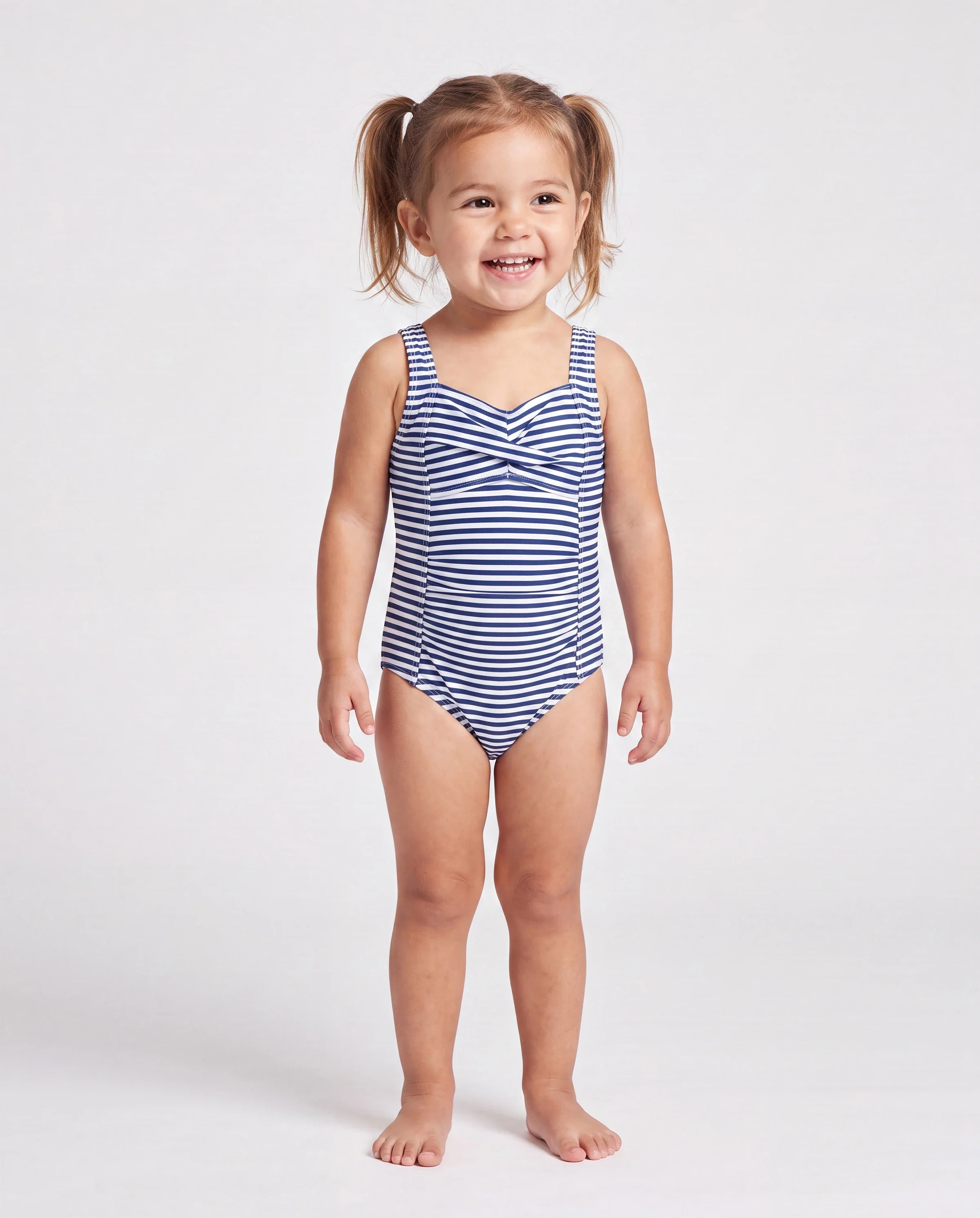 Family Matching Stripe Swim Trunks or One-piece Strap Swimsuit Dark Blue+white - Image 3