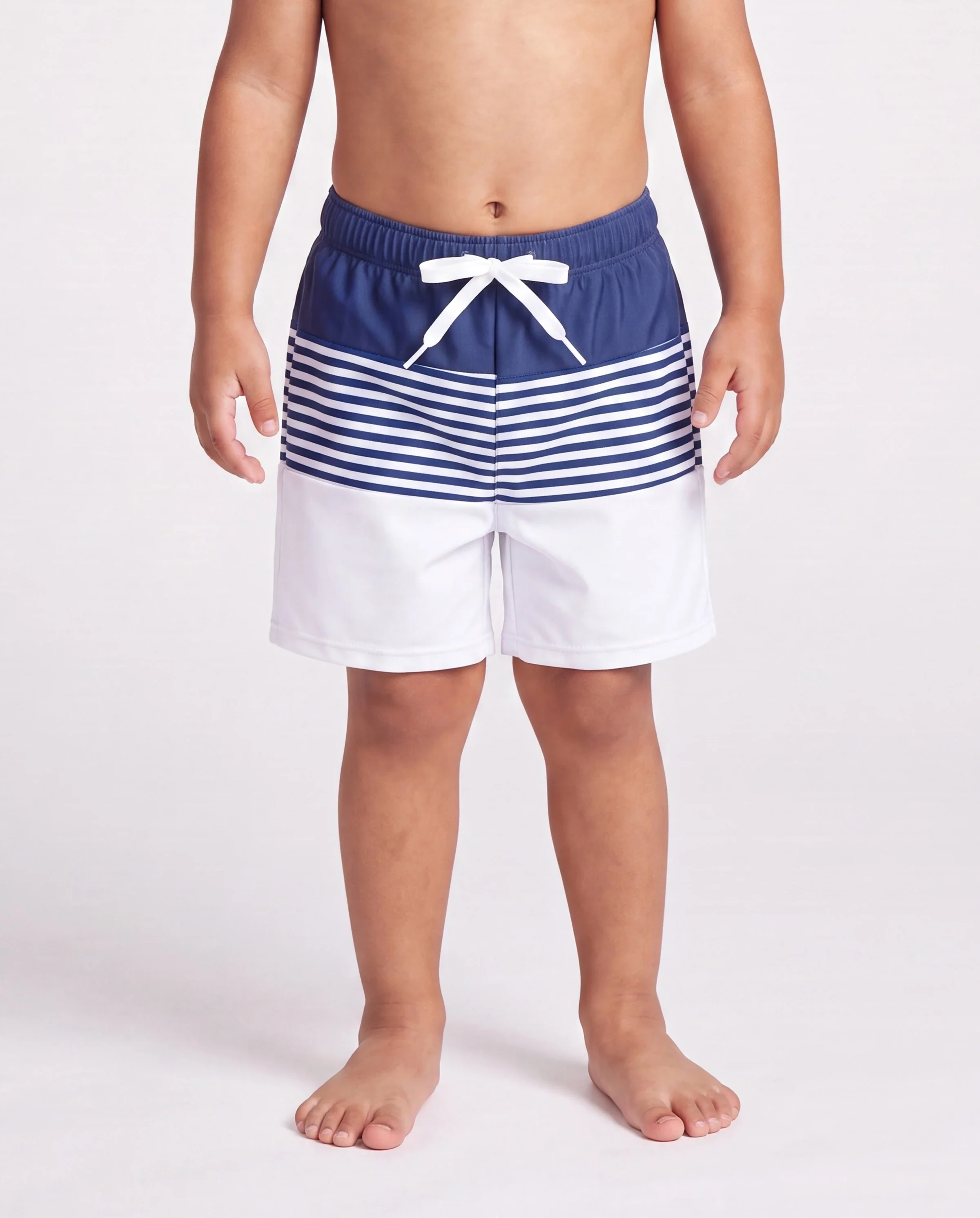 Family Matching Stripe Swim Trunks or One-piece Strap Swimsuit Dark Blue+white - Image 4