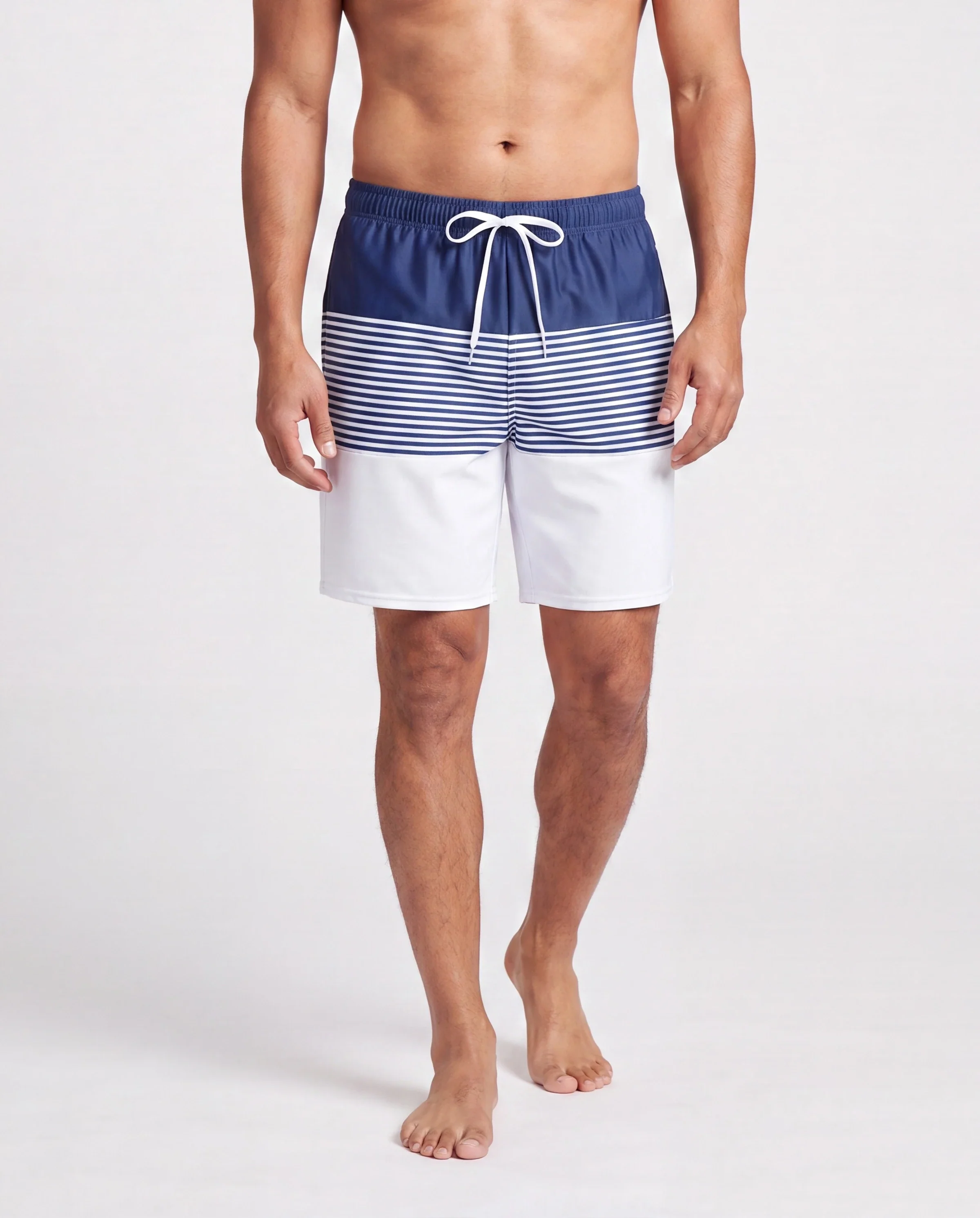 Family Matching Stripe Swim Trunks or One-piece Strap Swimsuit Dark Blue+white - Image 5