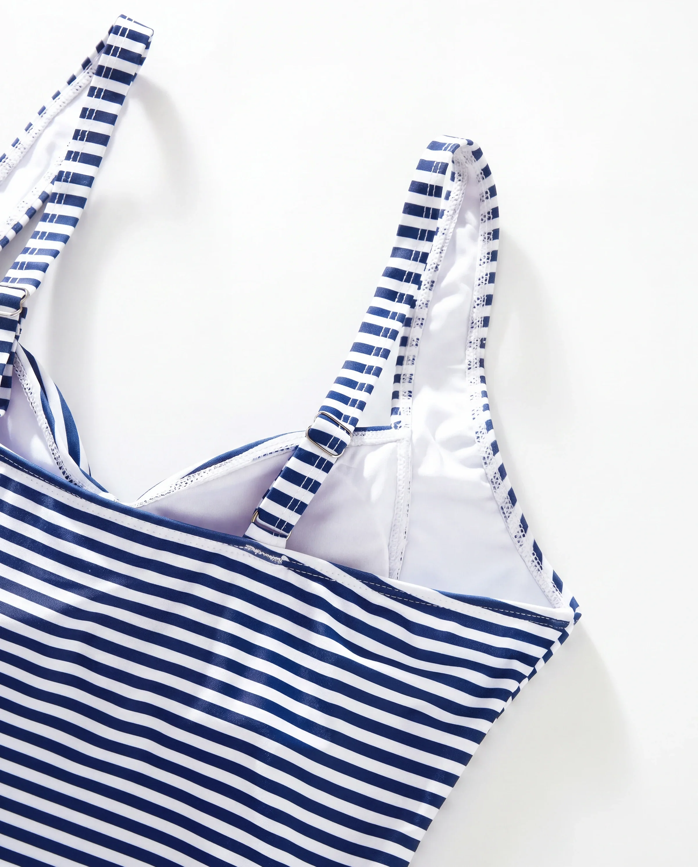 Family Matching Stripe Swim Trunks or One-piece Strap Swimsuit Dark Blue+white - Image 8