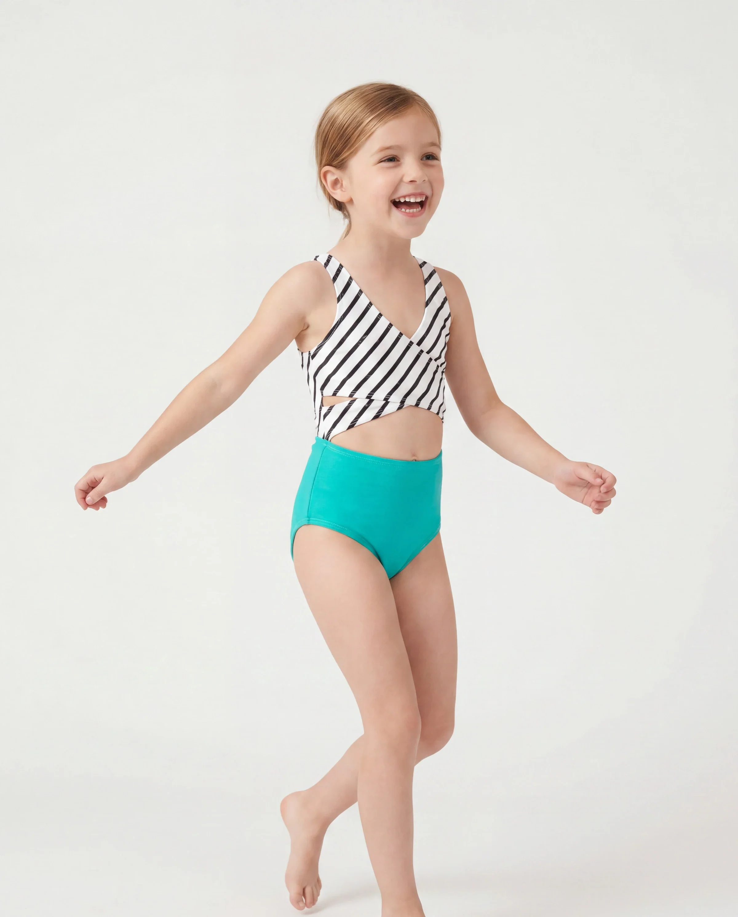 Family Matching Striped Spliced Cut Out One-piece Swimsuit and Colorblock Swim Trunks Green/White - Image 3