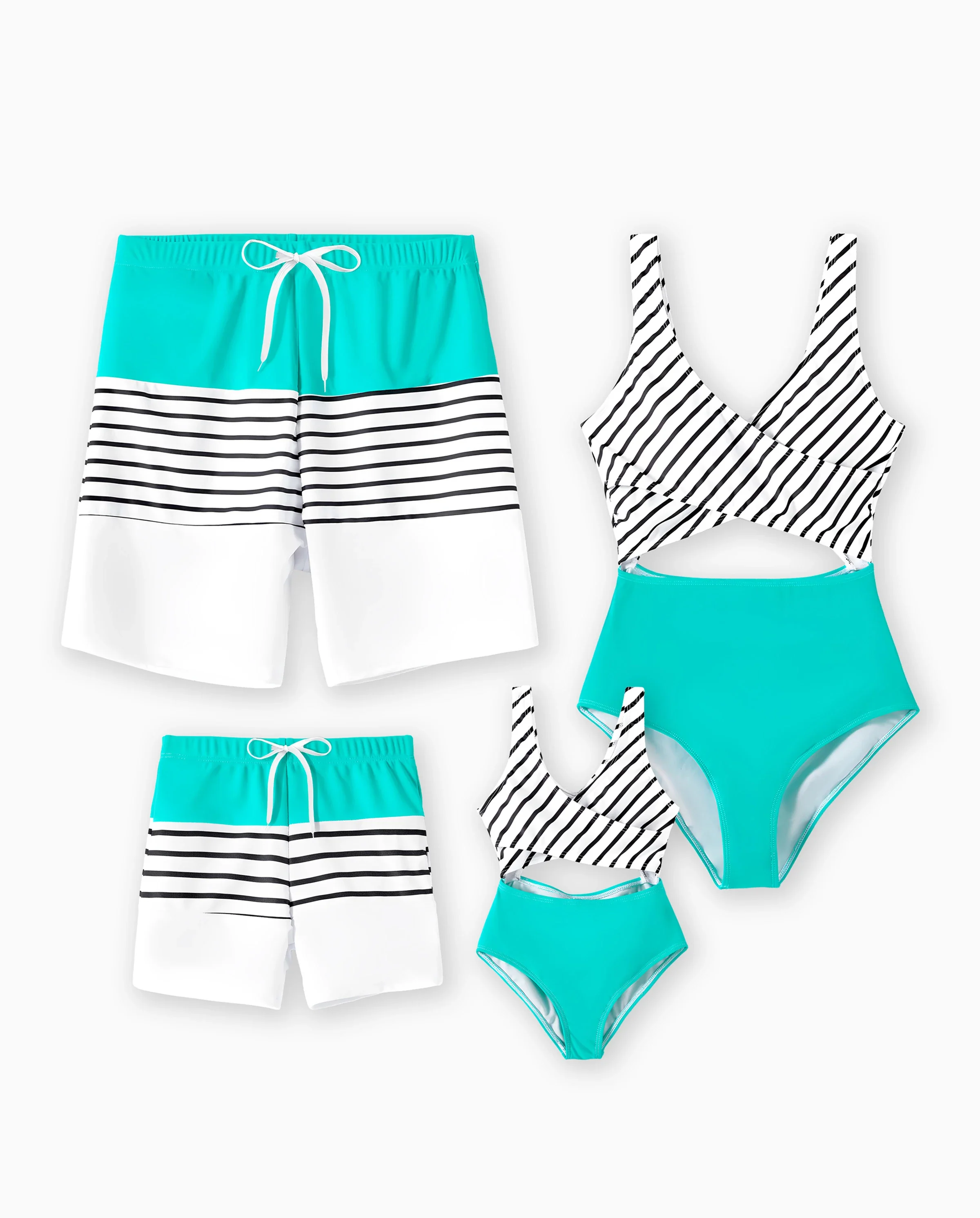 Family Matching Striped Spliced Cut Out One-piece Swimsuit and Colorblock Swim Trunks Green/White - Image 9