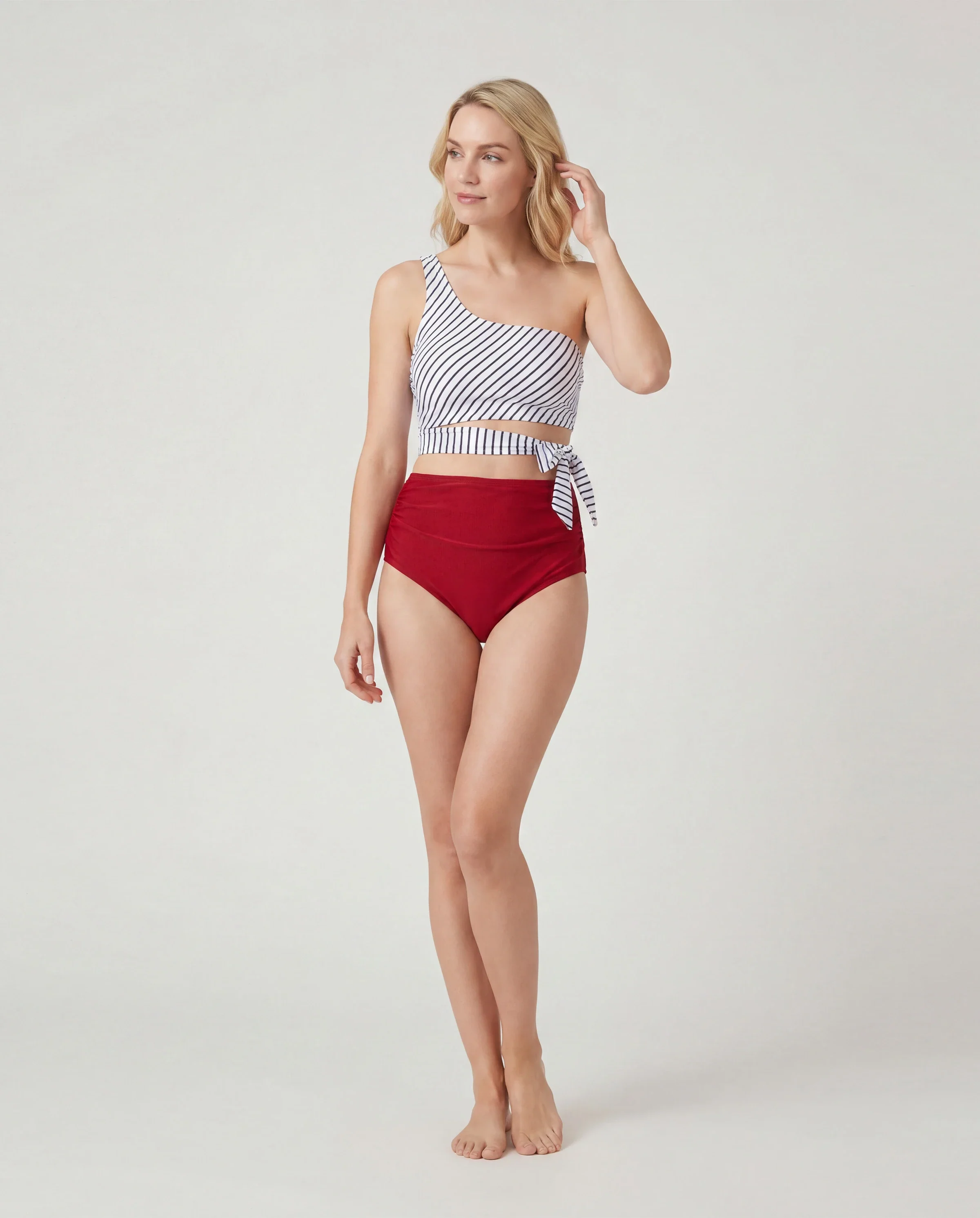 Family Matching Swimsuits Red Striped One-Shoulder Bikini or Colorblock Swim Trunks Matching Beachwear Outfits for Summer, Cruise, Vacation Red - Image 2