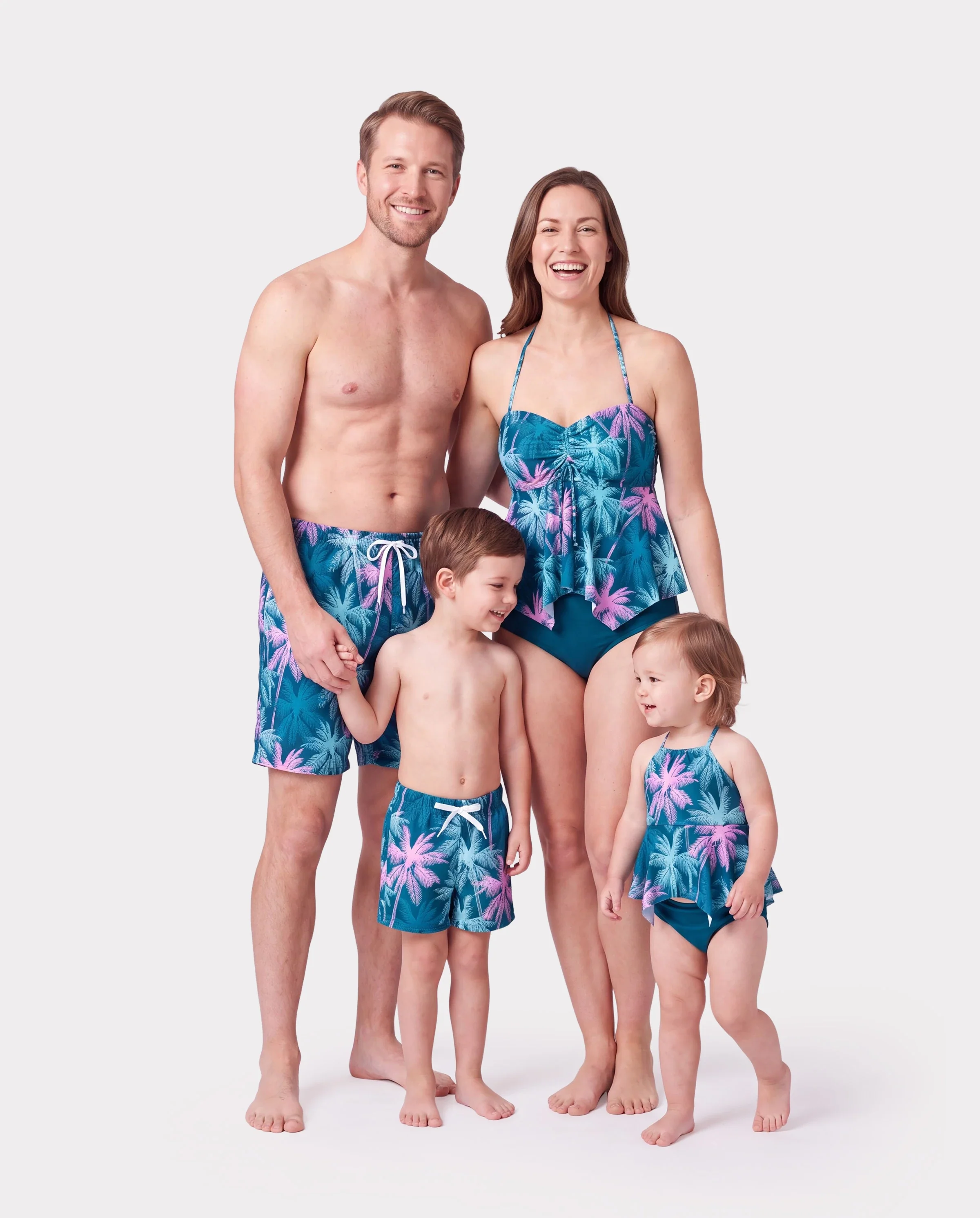 Family Matching Swimsuits Tropical Palm Tree Print, Mommy and Me Ruffle two-piece Swimsuit, Daddy and Son Swim Trunks Set, Beach Vacation Swimwear Turquoise