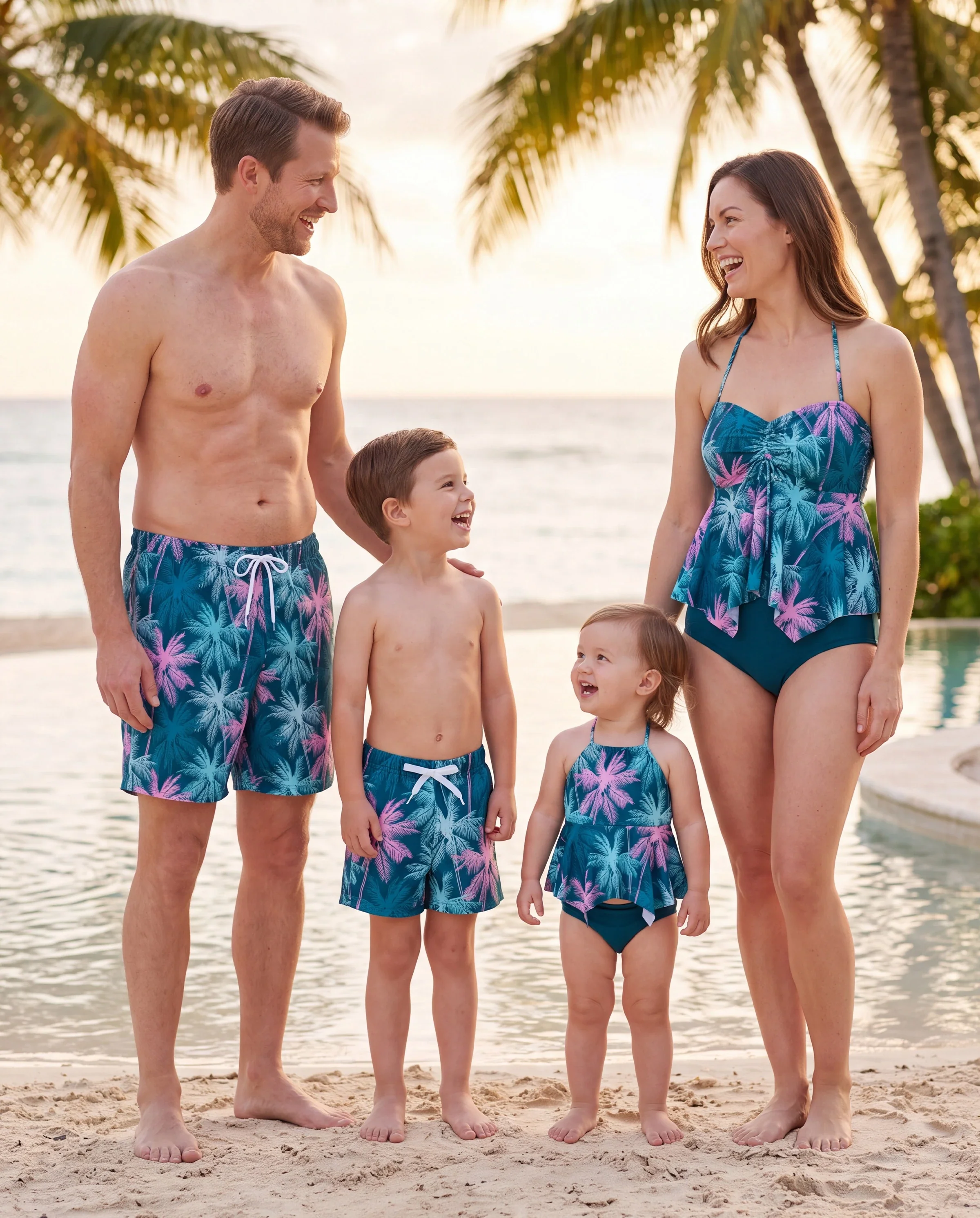 Family Matching Swimsuits Tropical Palm Tree Print, Mommy and Me Ruffle two-piece Swimsuit, Daddy and Son Swim Trunks Set, Beach Vacation Swimwear Turquoise - Image 10