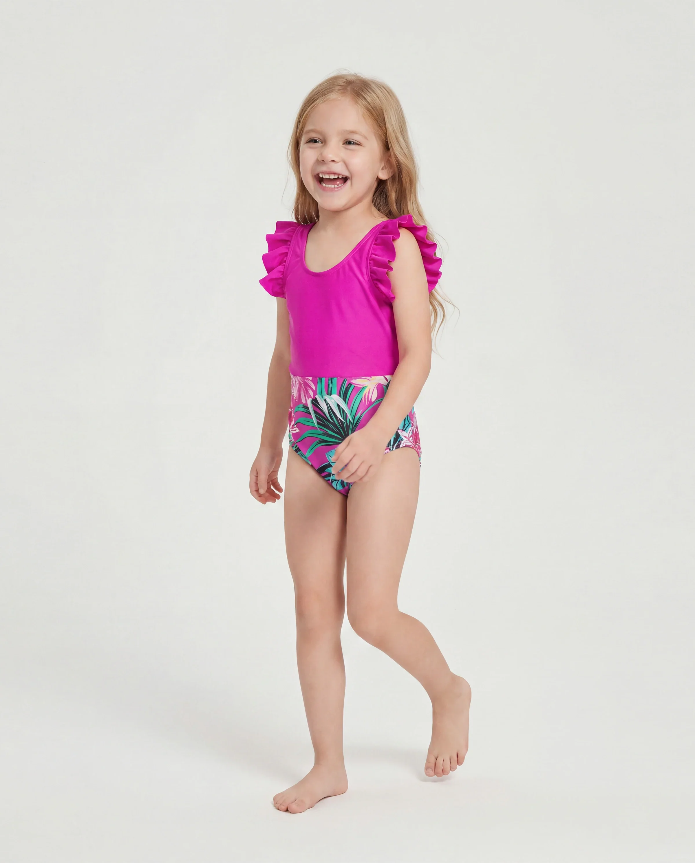 Family Matching Swimsuits Tropical Pink Leaf Print Halter One-Piece Swimwear or Swim Trunks Set Pink - Image 3