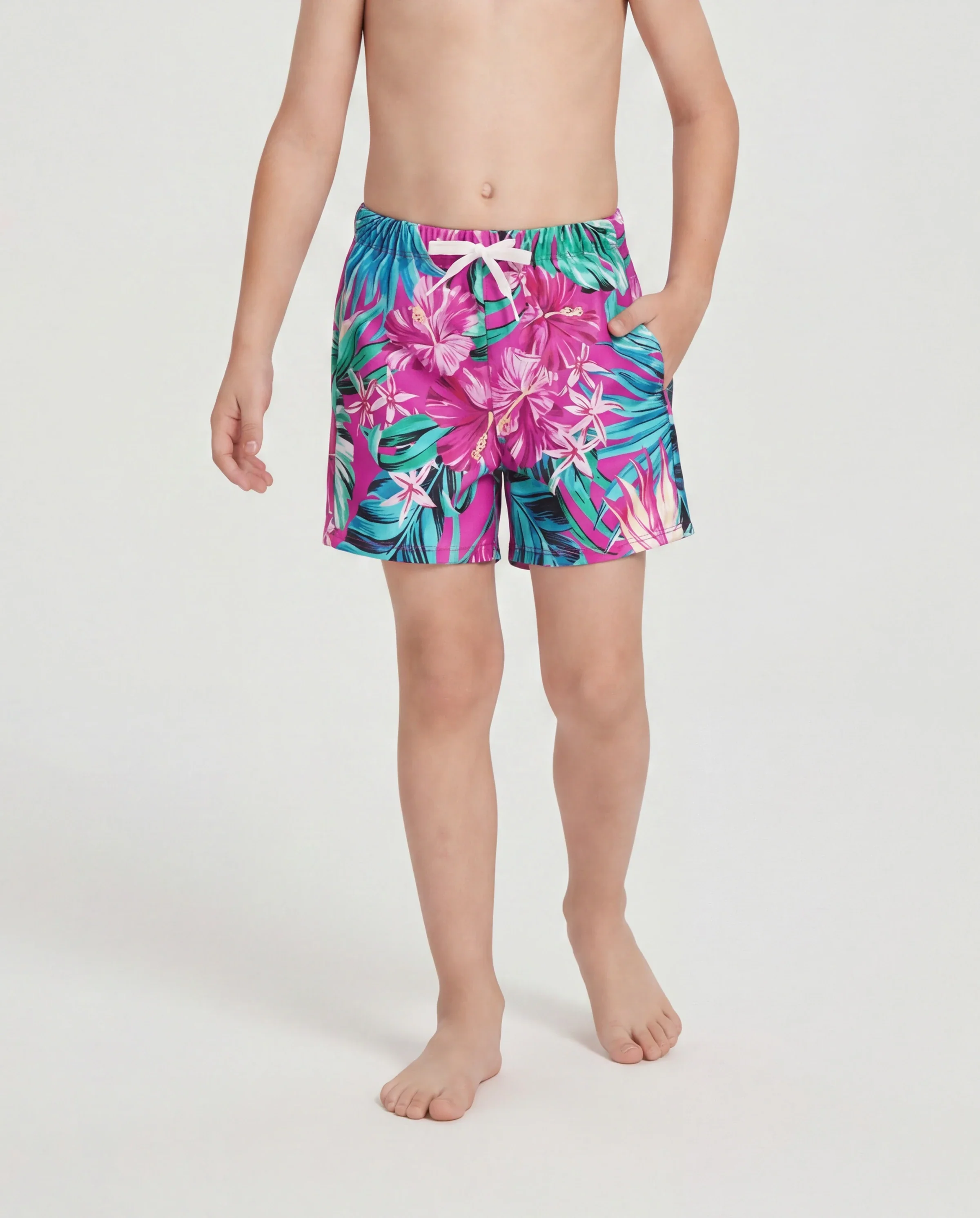 Family Matching Swimsuits Tropical Pink Leaf Print Halter One-Piece Swimwear or Swim Trunks Set Pink - Image 4