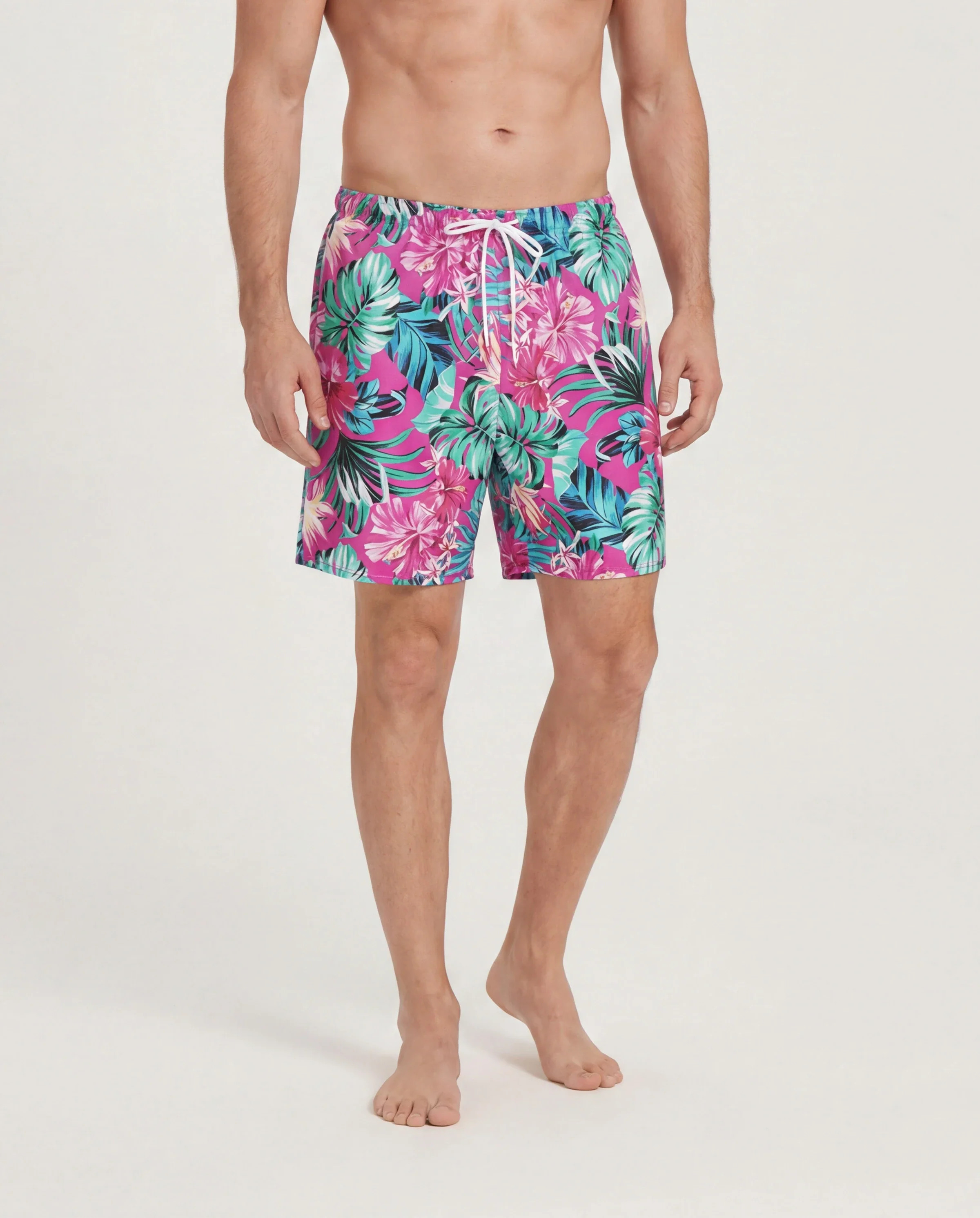 Family Matching Swimsuits Tropical Pink Leaf Print Halter One-Piece Swimwear or Swim Trunks Set Pink - Image 5
