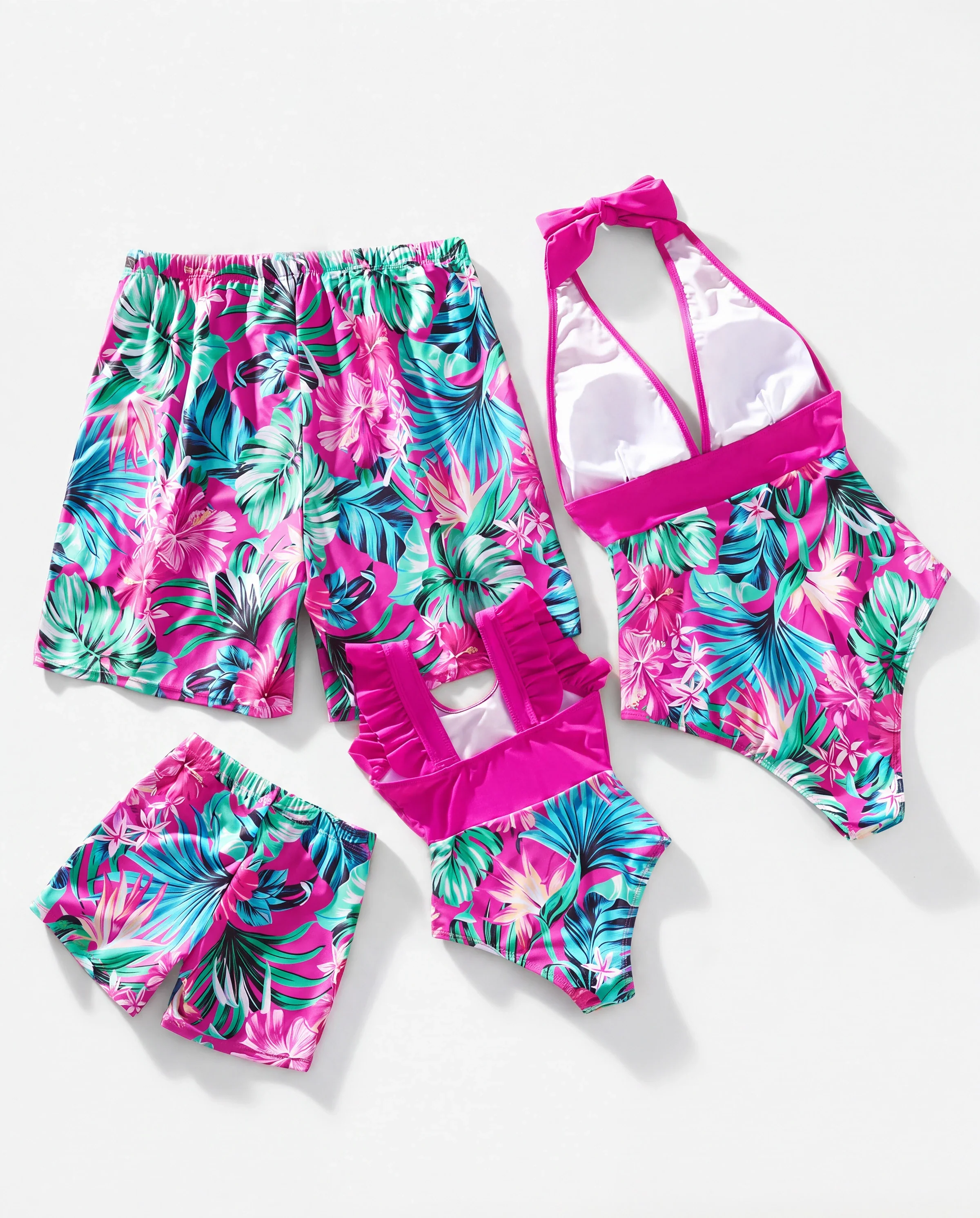 Family Matching Swimsuits Tropical Pink Leaf Print Halter One-Piece Swimwear or Swim Trunks Set Pink - Image 9