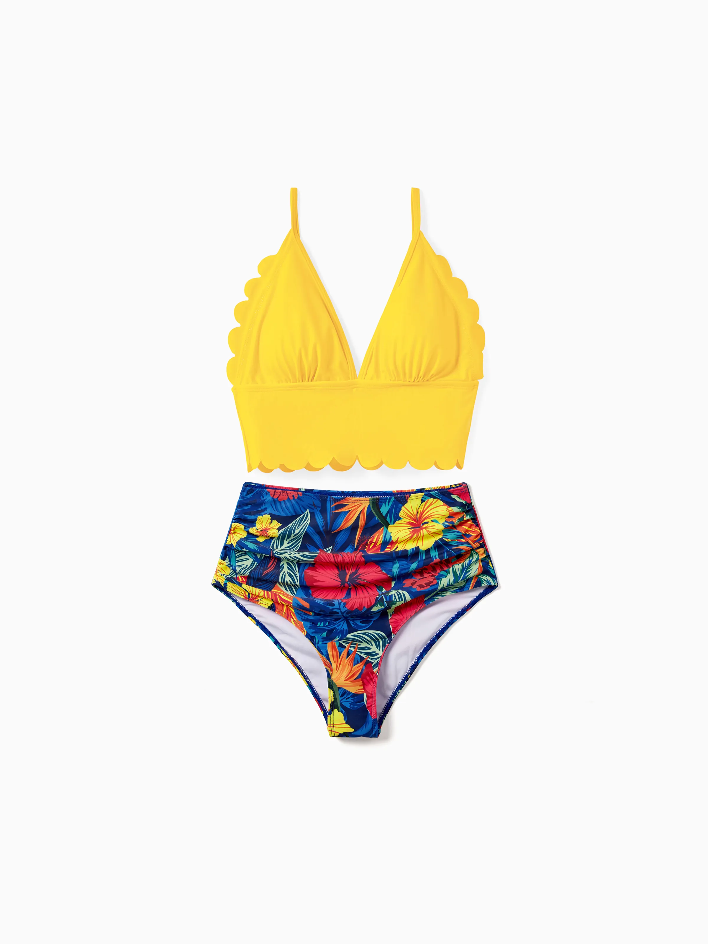 Family Matching Swimwear Set Floral Scalloped Strappy Bikini and Swim Trunks ColorBlock - Image 4