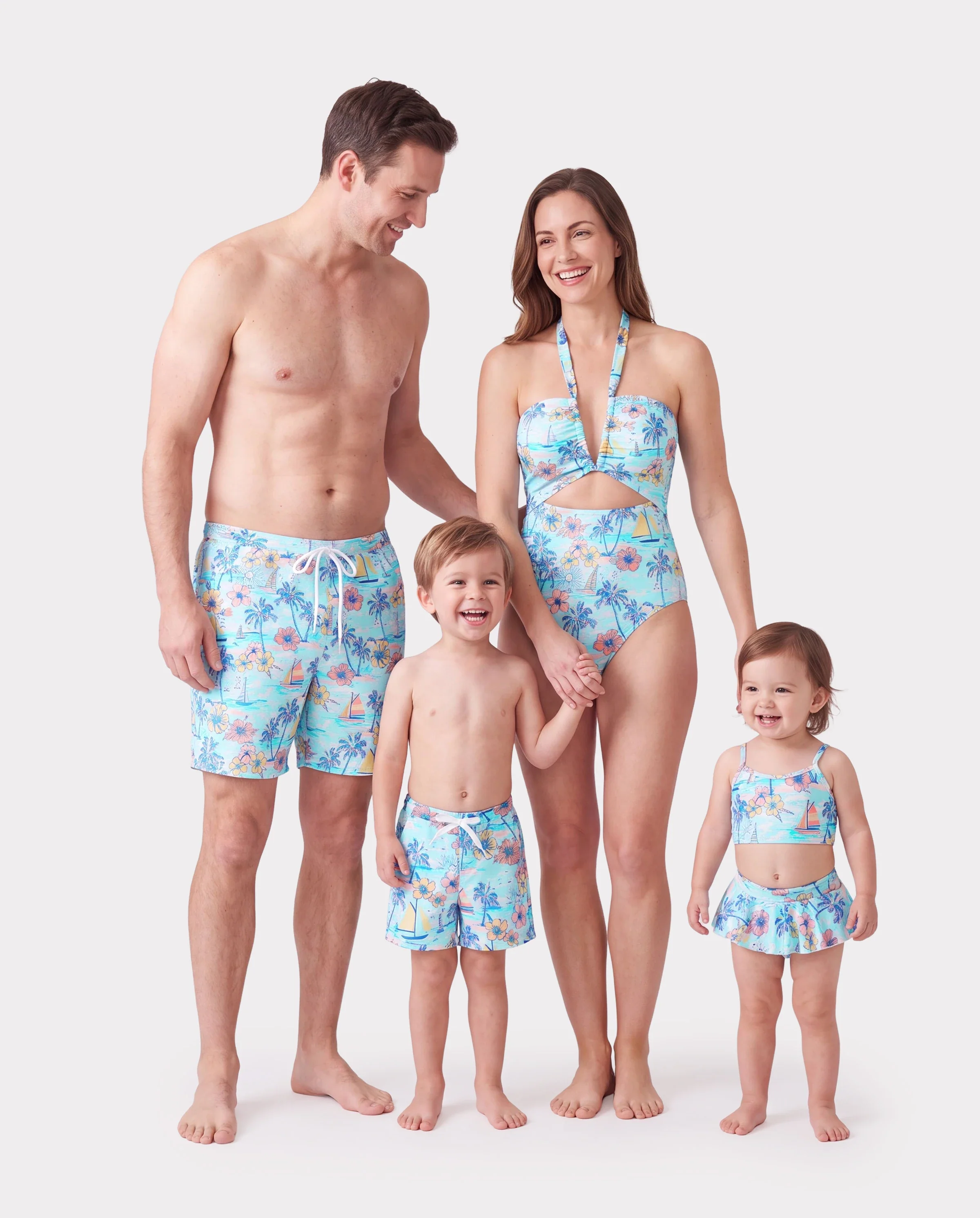 Family Matching Swimwear Tropical Print, Mommy Tie-front Cutout One-piece Swimsuit, Girl two-piece Swimsuit Daddy & Son Swim Trunks Set for Summer Beach Vacation Light Blue