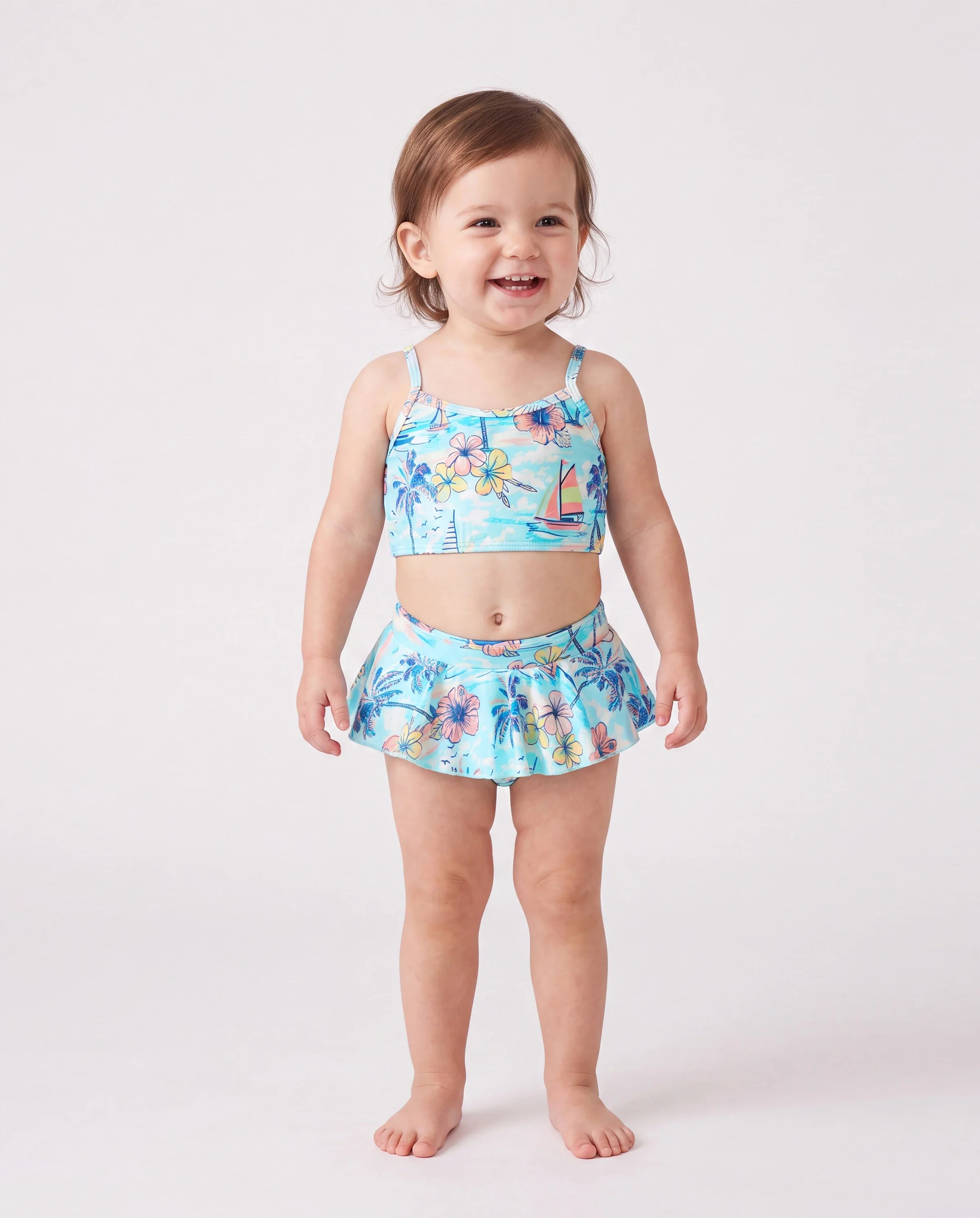 Family Matching Swimwear Tropical Print, Mommy Tie-front Cutout One-piece Swimsuit, Girl two-piece Swimsuit Daddy & Son Swim Trunks Set for Summer Beach Vacation Light Blue - Image 3