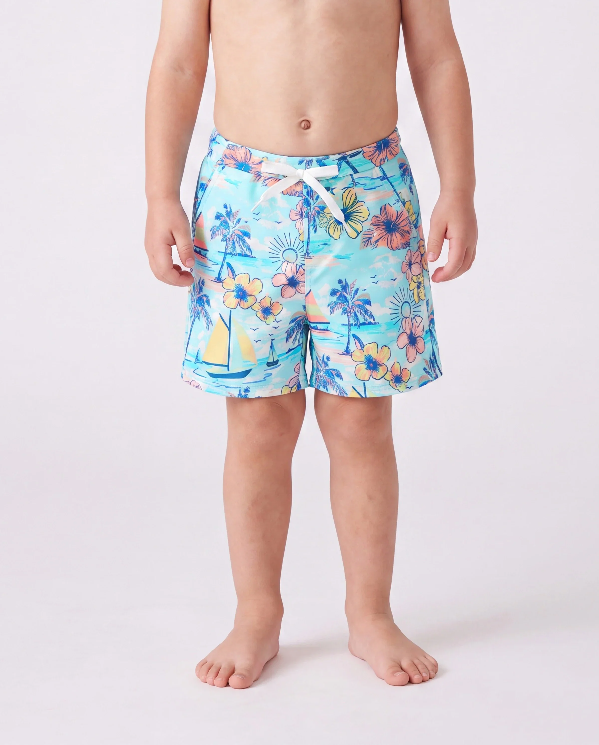 Family Matching Swimwear Tropical Print, Mommy Tie-front Cutout One-piece Swimsuit, Girl two-piece Swimsuit Daddy & Son Swim Trunks Set for Summer Beach Vacation Light Blue - Image 4