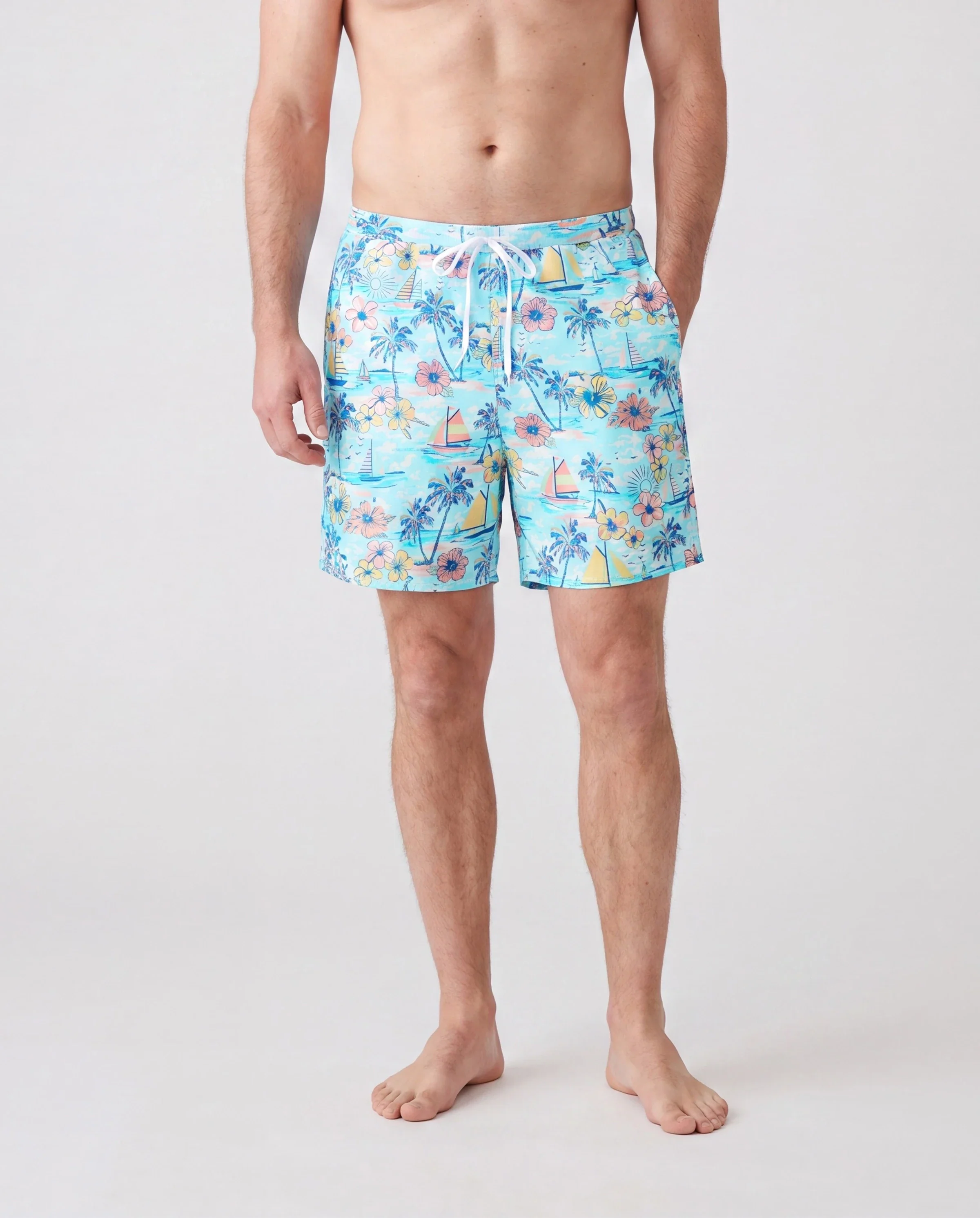 Family Matching Swimwear Tropical Print, Mommy Tie-front Cutout One-piece Swimsuit, Girl two-piece Swimsuit Daddy & Son Swim Trunks Set for Summer Beach Vacation Light Blue - Image 5
