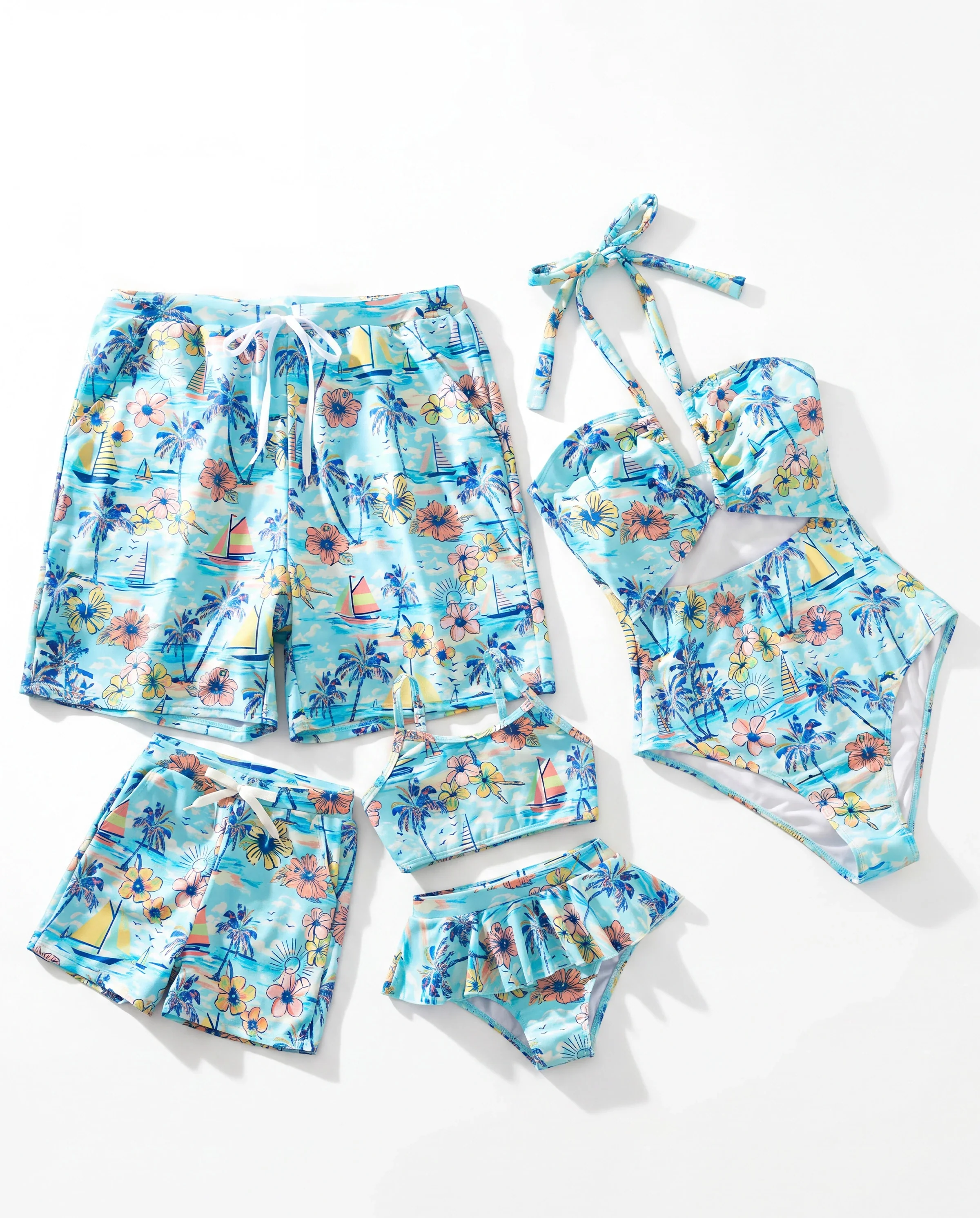 Family Matching Swimwear Tropical Print, Mommy Tie-front Cutout One-piece Swimsuit, Girl two-piece Swimsuit Daddy & Son Swim Trunks Set for Summer Beach Vacation Light Blue - Image 9