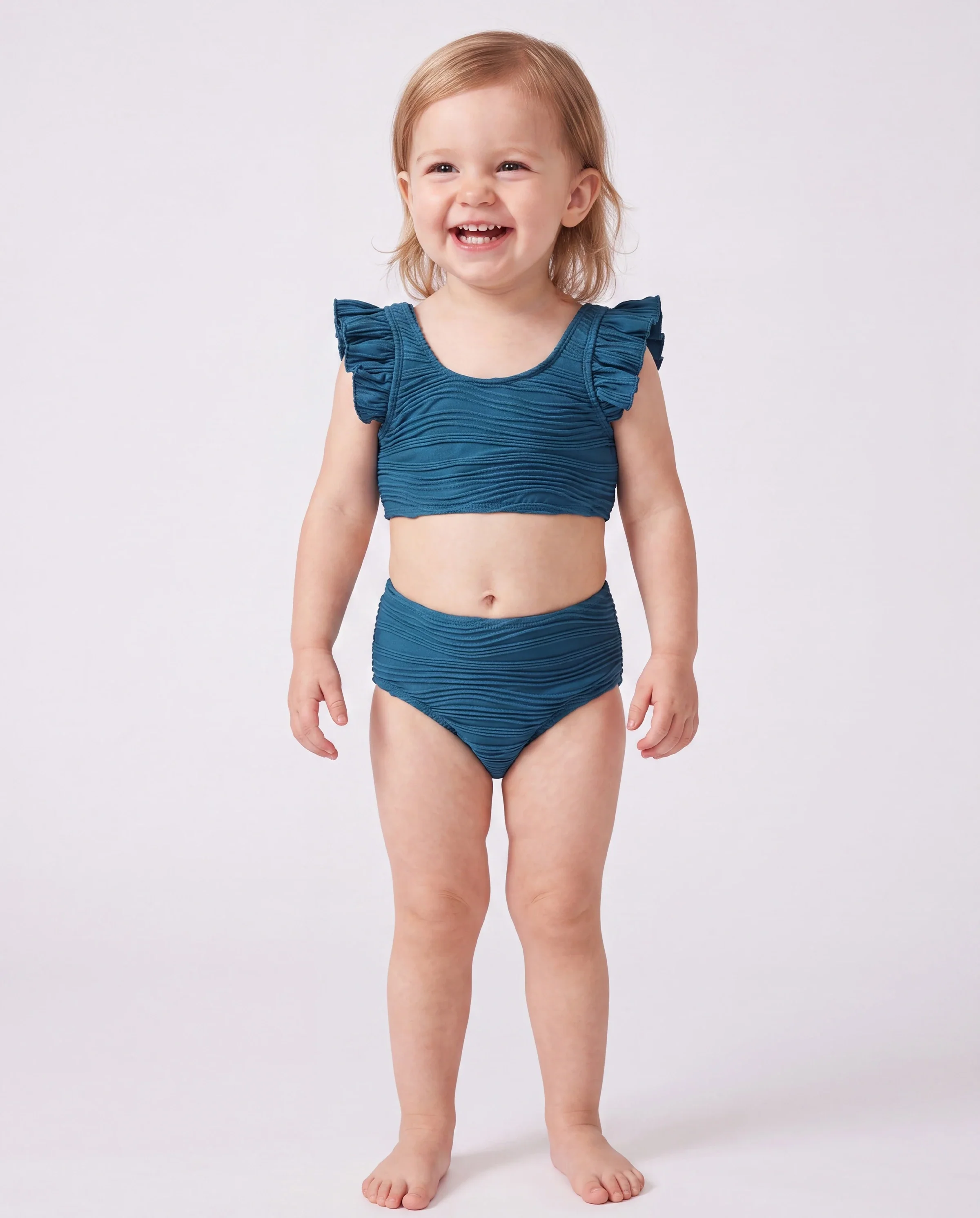 Family Matching Teal Striped Swimsuits Ruched Bikini & Swim Trunks Set Multi-color - Image 3