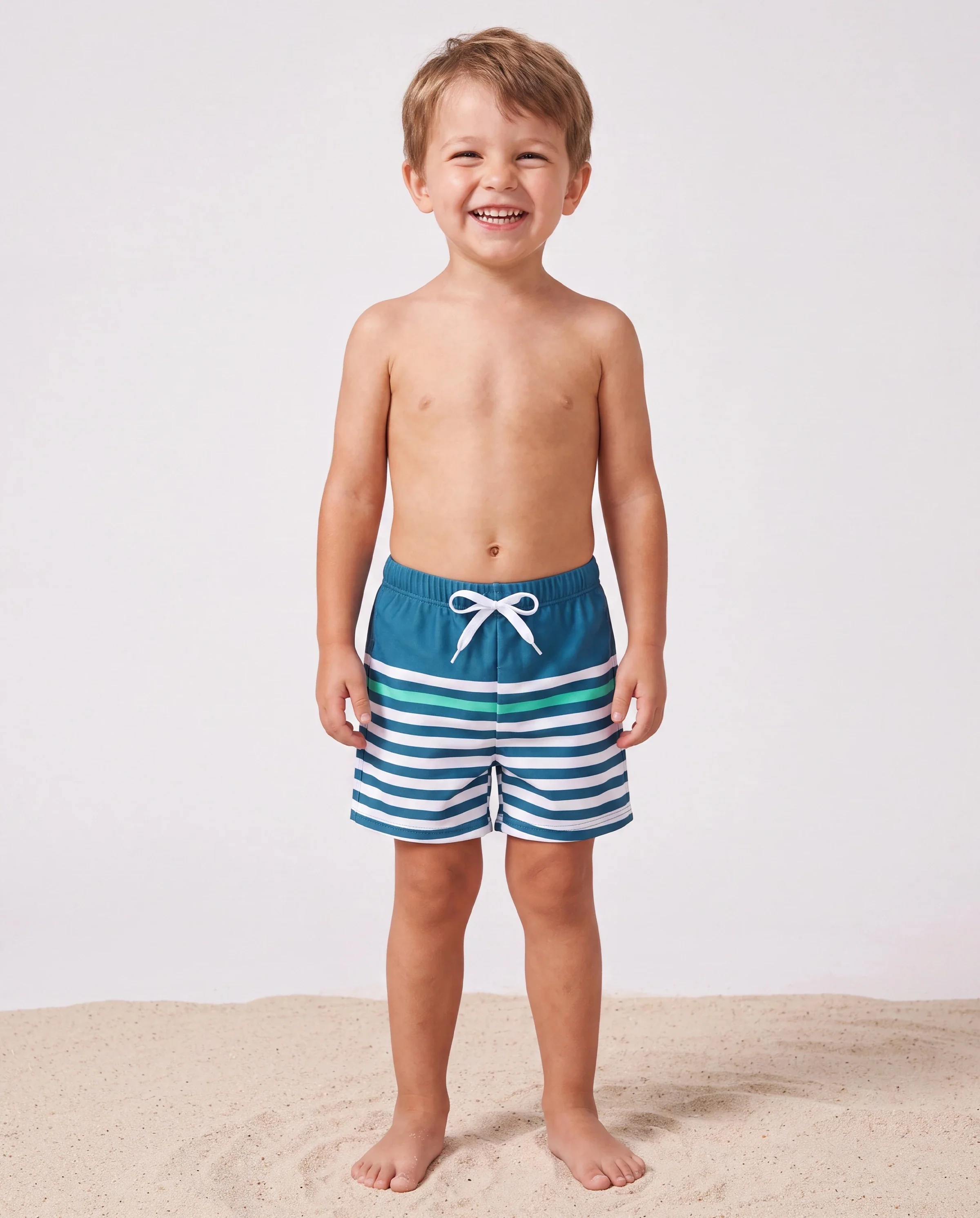 Family Matching Teal Striped Swimsuits Ruched Bikini & Swim Trunks Set Multi-color - Image 4
