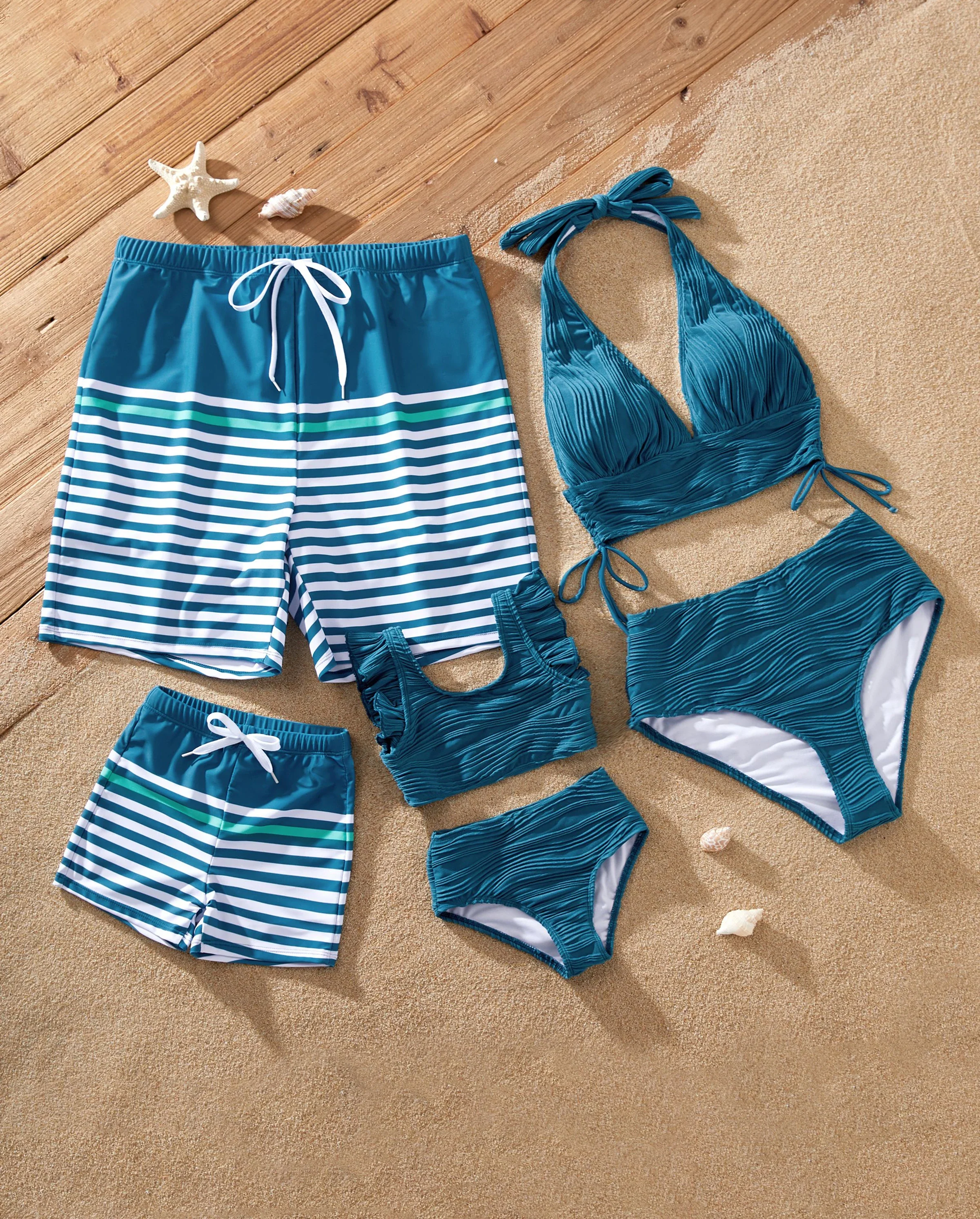 Family Matching Teal Striped Swimsuits Ruched Bikini & Swim Trunks Set Multi-color - Image 9