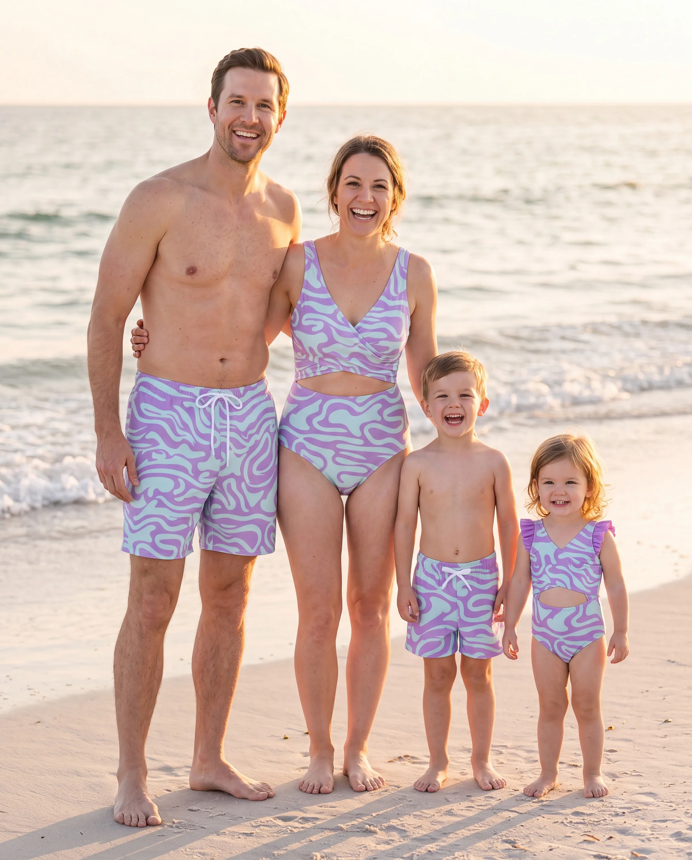 Family Matching Trendy Purple & Blue Wave Print Swim Trunks or Midriff Cutout One-Piece Swimsuit Purple - Image 10