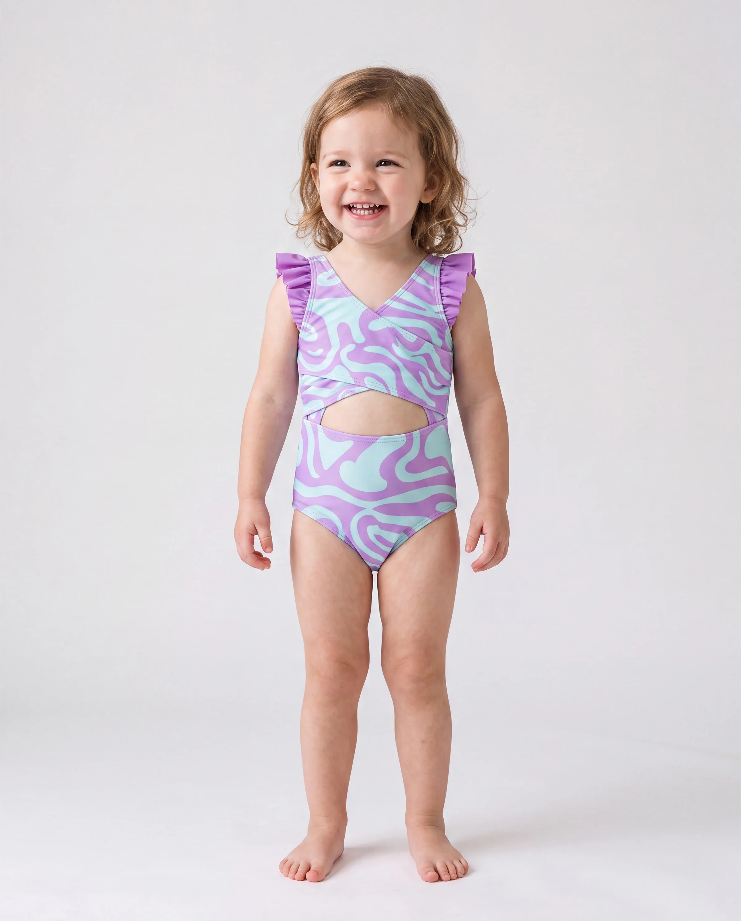 Family Matching Trendy Purple & Blue Wave Print Swim Trunks or Midriff Cutout One-Piece Swimsuit Purple - Image 3