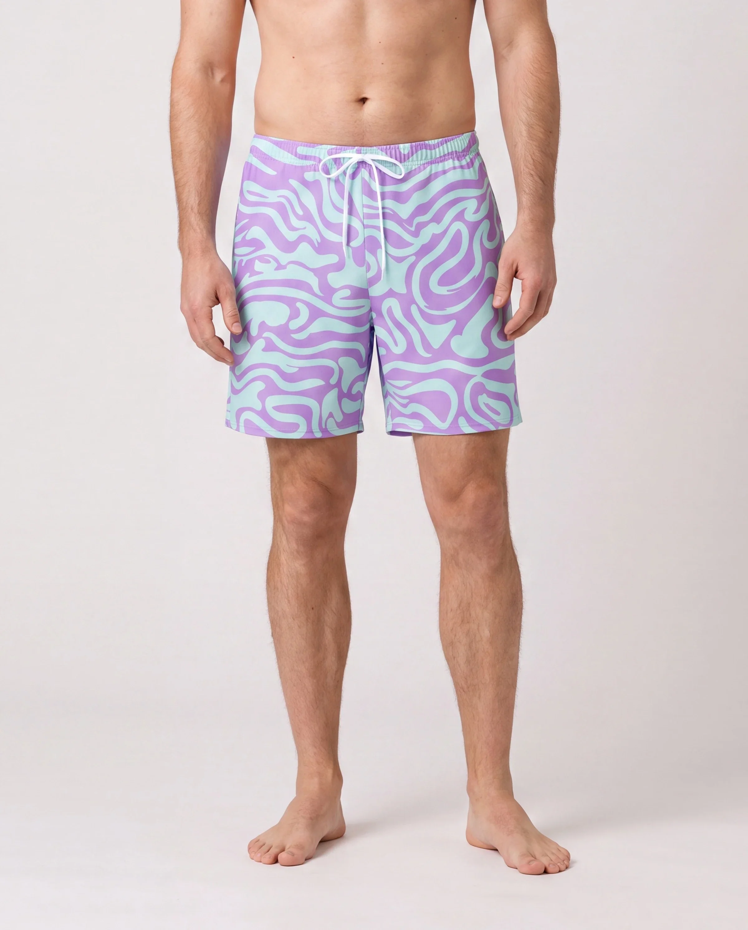 Family Matching Trendy Purple & Blue Wave Print Swim Trunks or Midriff Cutout One-Piece Swimsuit Purple - Image 5