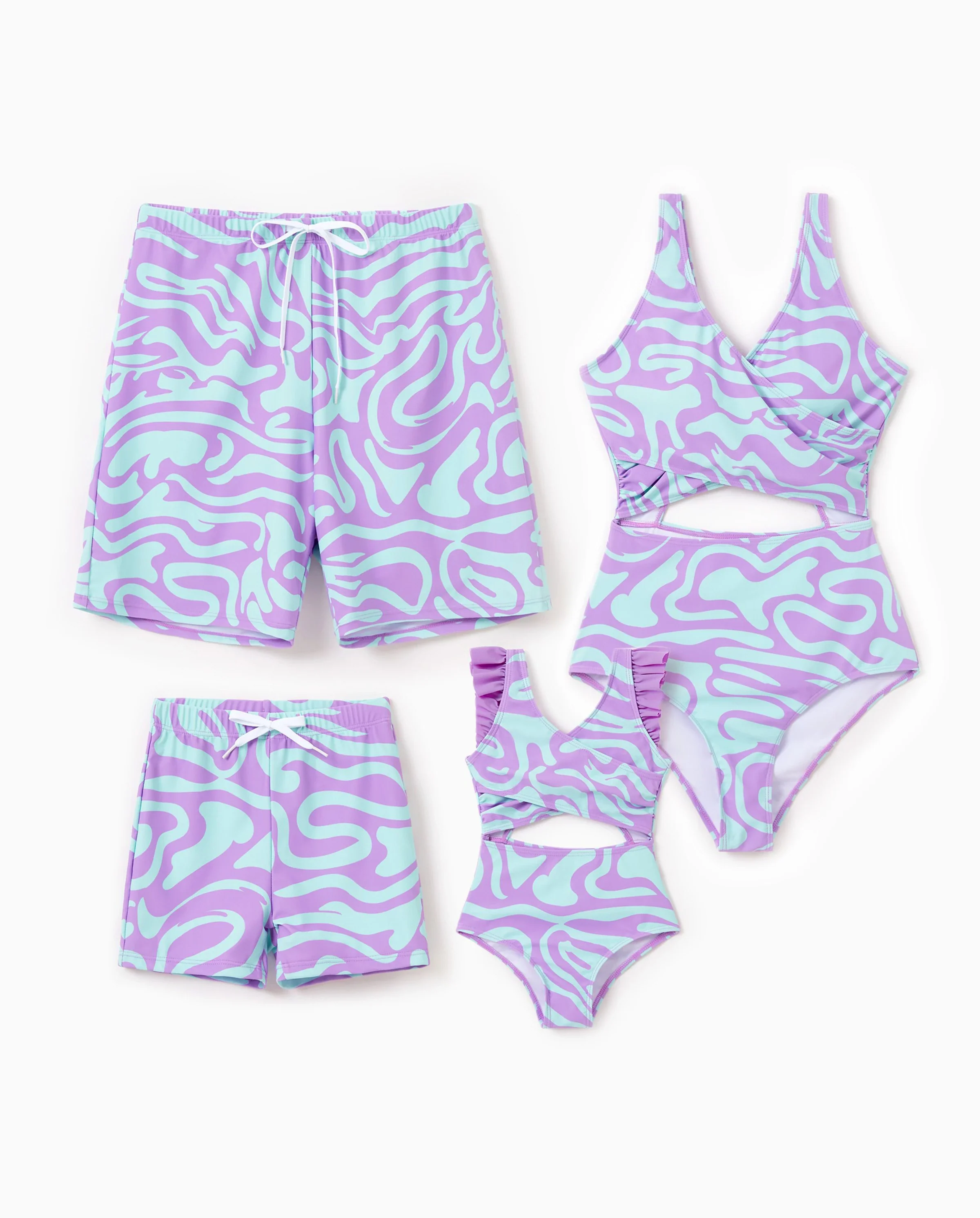 Family Matching Trendy Purple & Blue Wave Print Swim Trunks or Midriff Cutout One-Piece Swimsuit Purple - Image 9