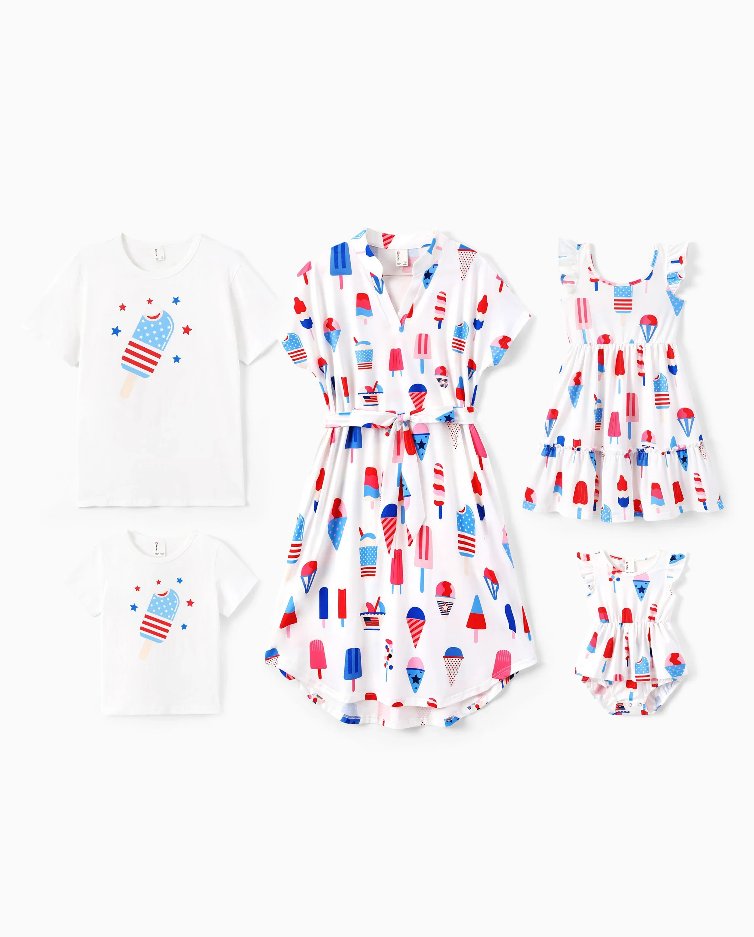 Independence Day Family Matching Patriotic Ice Cream Print Summer Cotton T-shirt & V-Neck Dresses White - Image 10