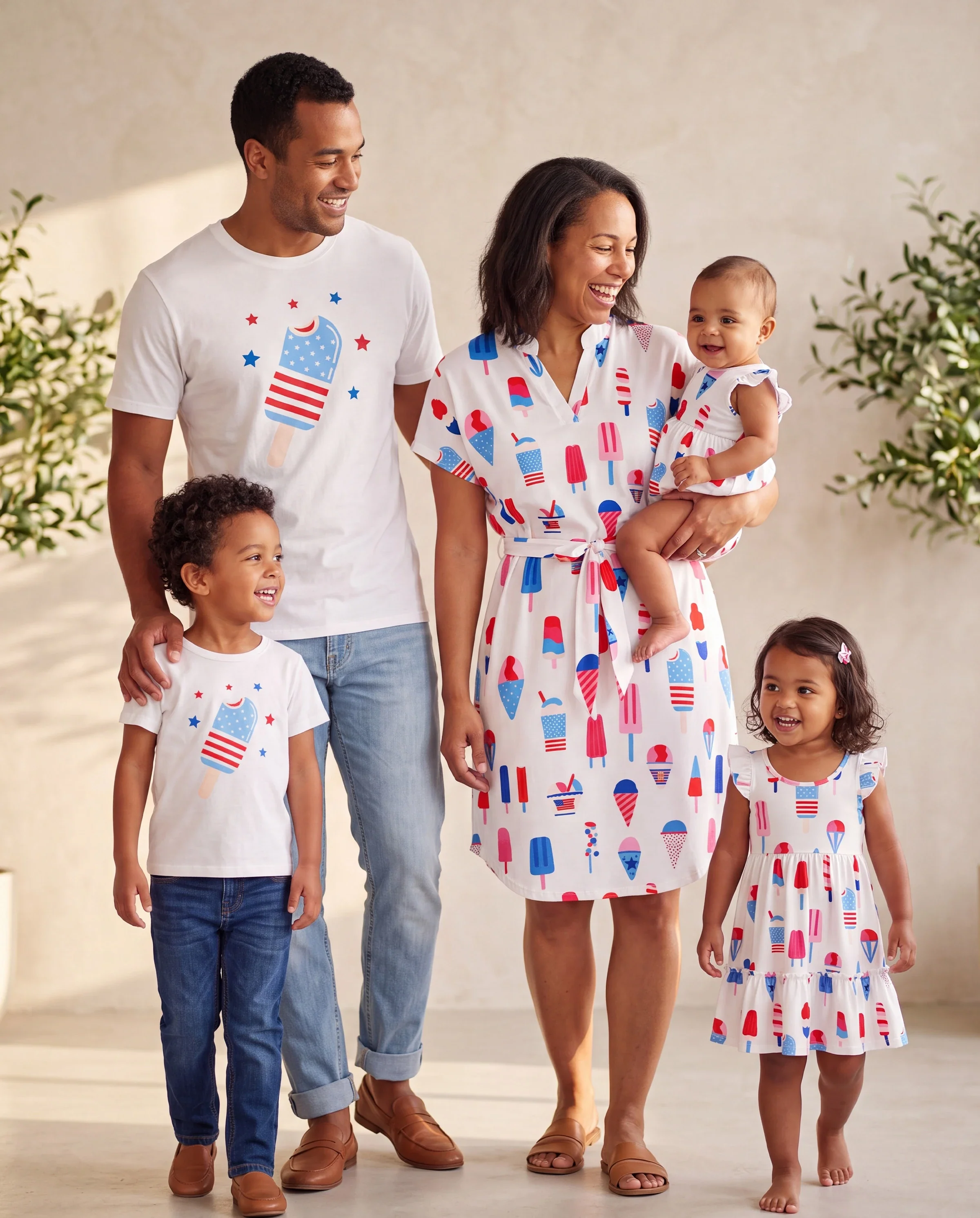 Independence Day Family Matching Patriotic Ice Cream Print Summer Cotton T-shirt & V-Neck Dresses White - Image 11