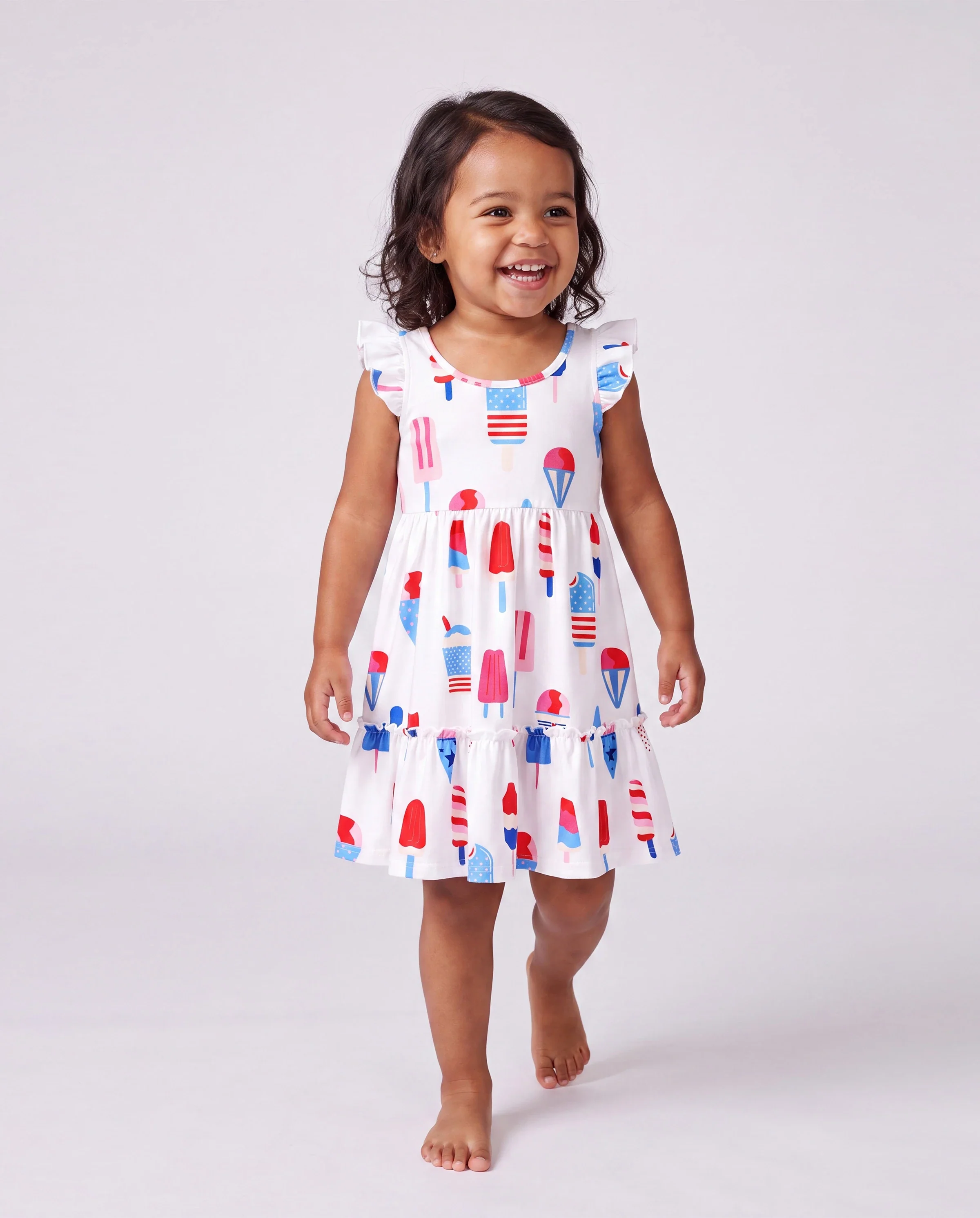 Independence Day Family Matching Patriotic Ice Cream Print Summer Cotton T-shirt & V-Neck Dresses White - Image 3