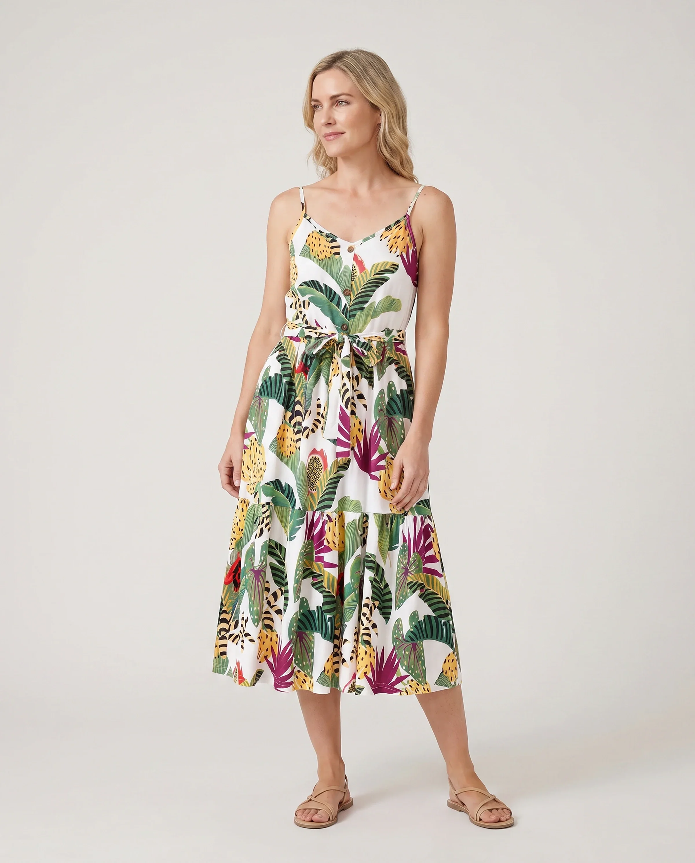 Family Matching Tropical Floral Print Short-sleeve Top or Camisole Dress Set Multi-color - Image 2