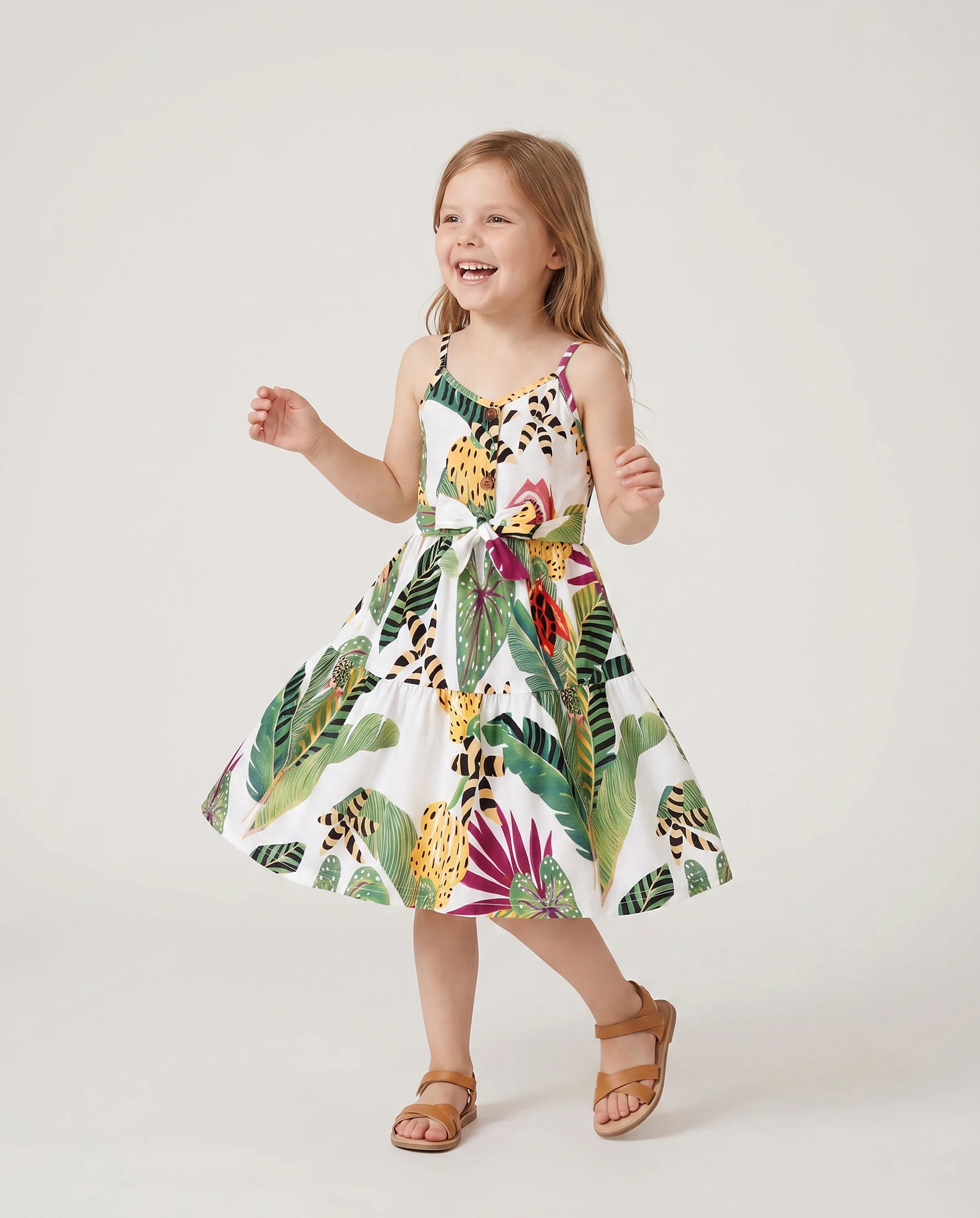 Family Matching Tropical Floral Print Short-sleeve Top or Camisole Dress Set Multi-color - Image 3
