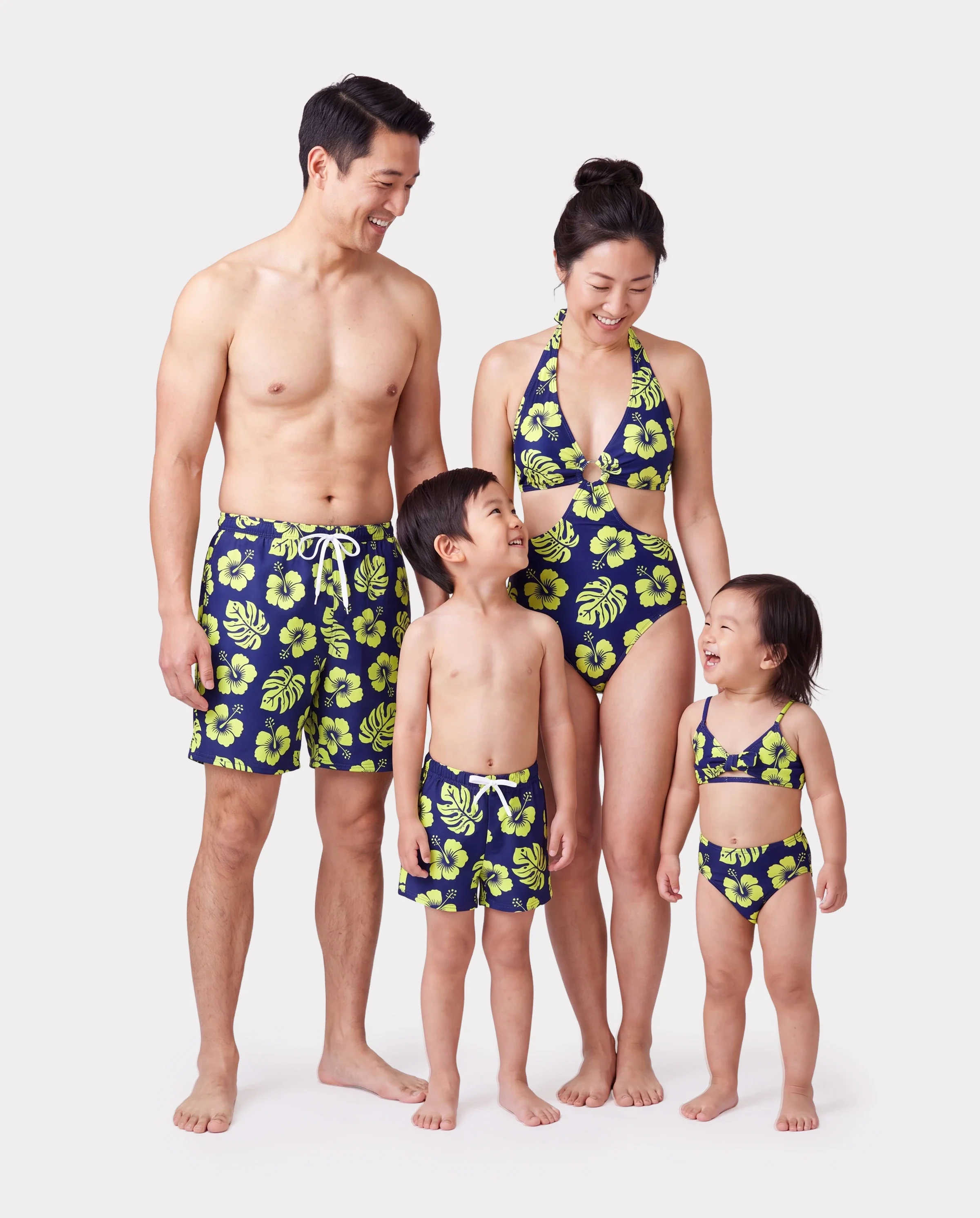 Family Matching Tropical Floral Swimsuits Halter Bikini & Swim Trunks Set Deep Blue