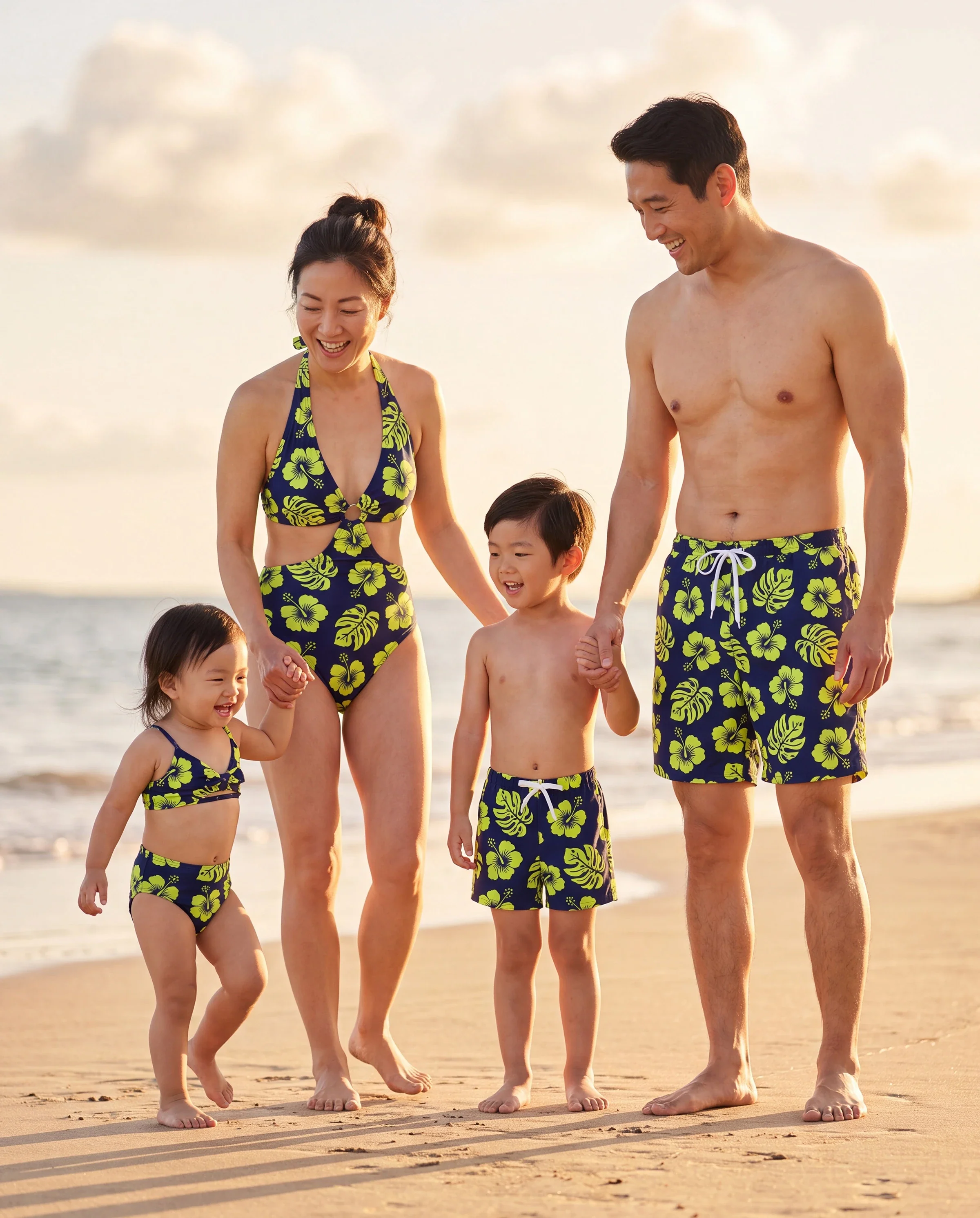 Family Matching Tropical Floral Swimsuits Halter Bikini & Swim Trunks Set Deep Blue - Image 10