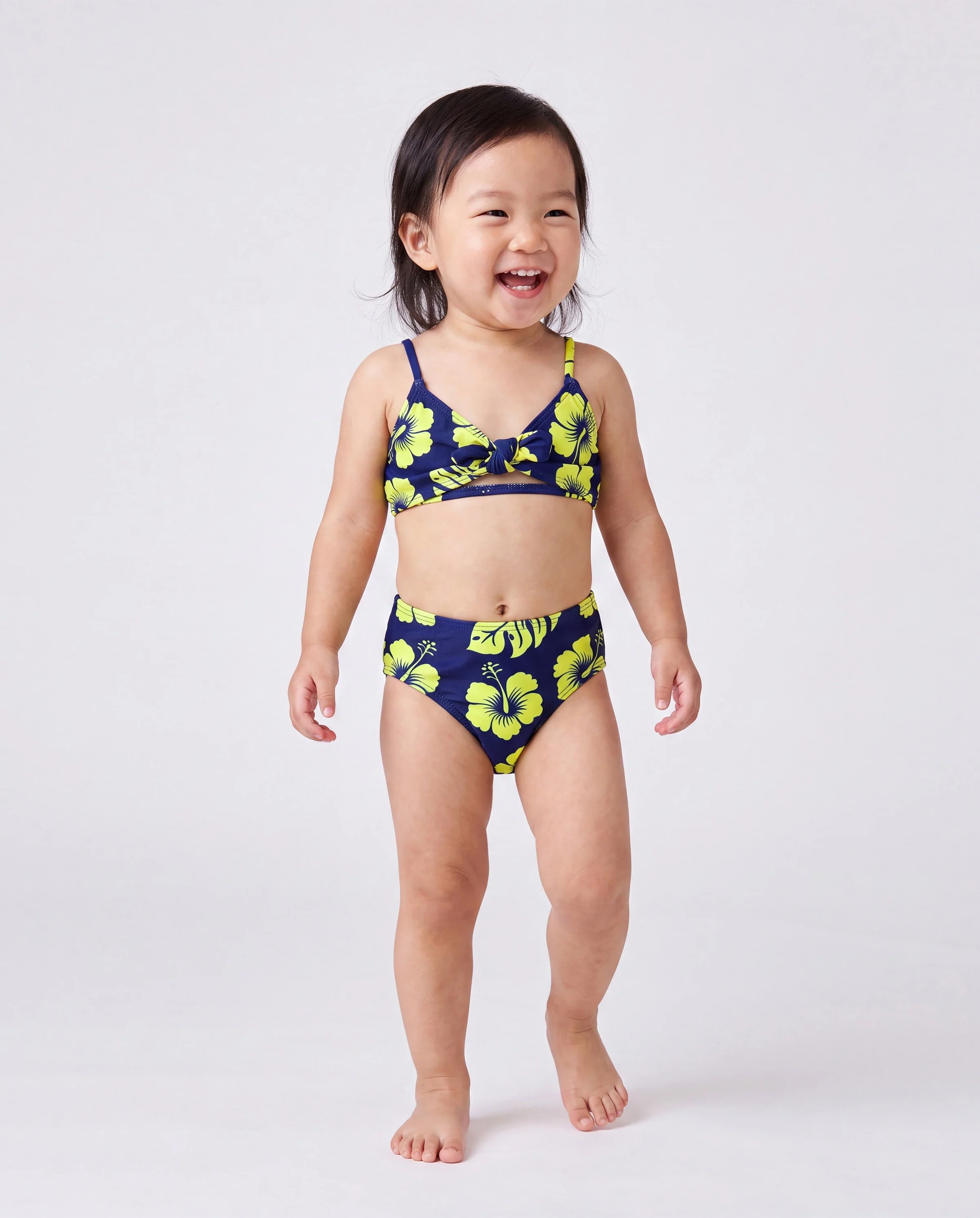 Family Matching Tropical Floral Swimsuits Halter Bikini & Swim Trunks Set Deep Blue - Image 3