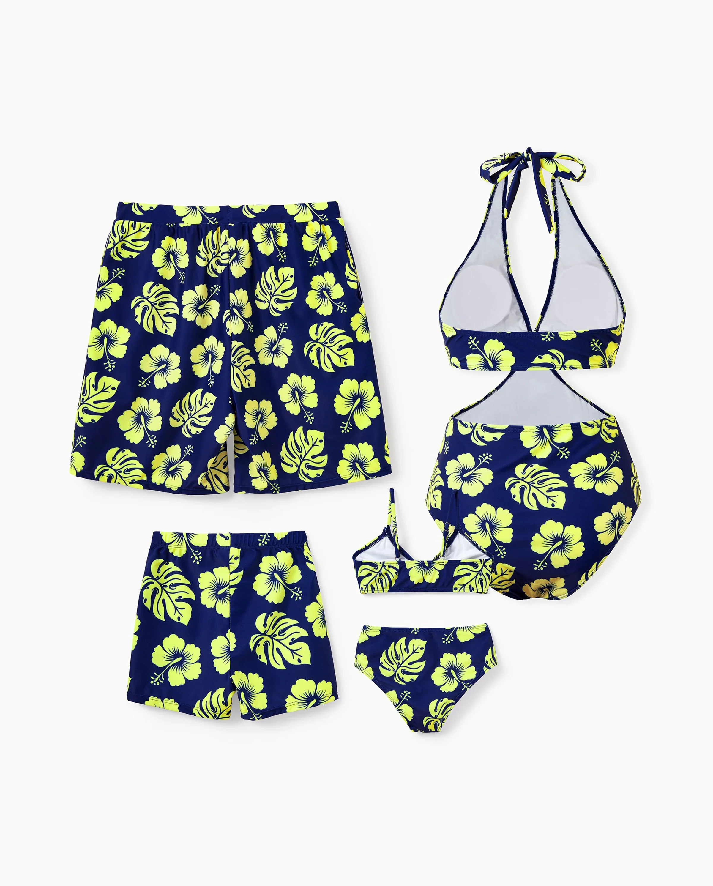 Family Matching Tropical Floral Swimsuits Halter Bikini & Swim Trunks Set Deep Blue - Image 9