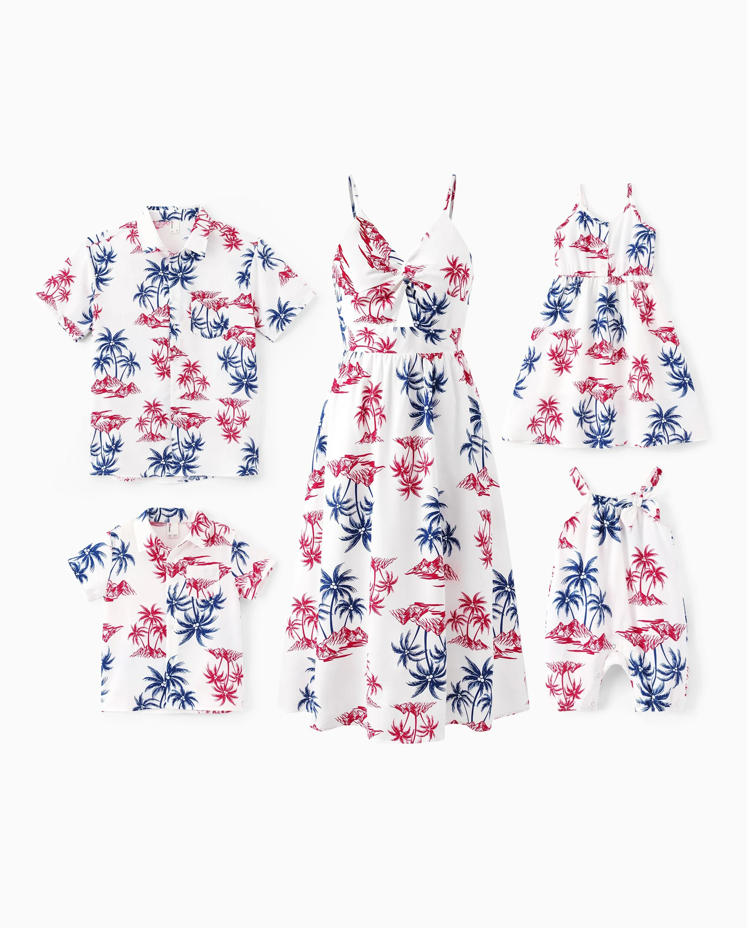 Independence Day Matching Family Outfits Red & Blue Palm Tree Print Hawaiian Vacation Clothes Summer Beach Shirt & Dress Set Multi-color - Image 10