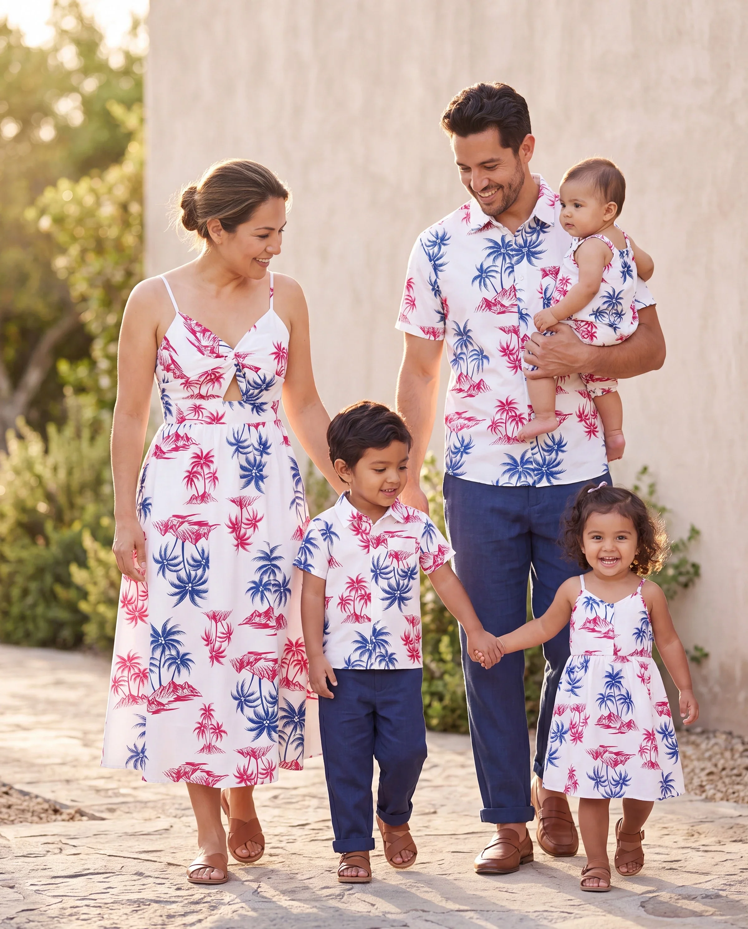 Independence Day Matching Family Outfits Red & Blue Palm Tree Print Hawaiian Vacation Clothes Summer Beach Shirt & Dress Set Multi-color - Image 11