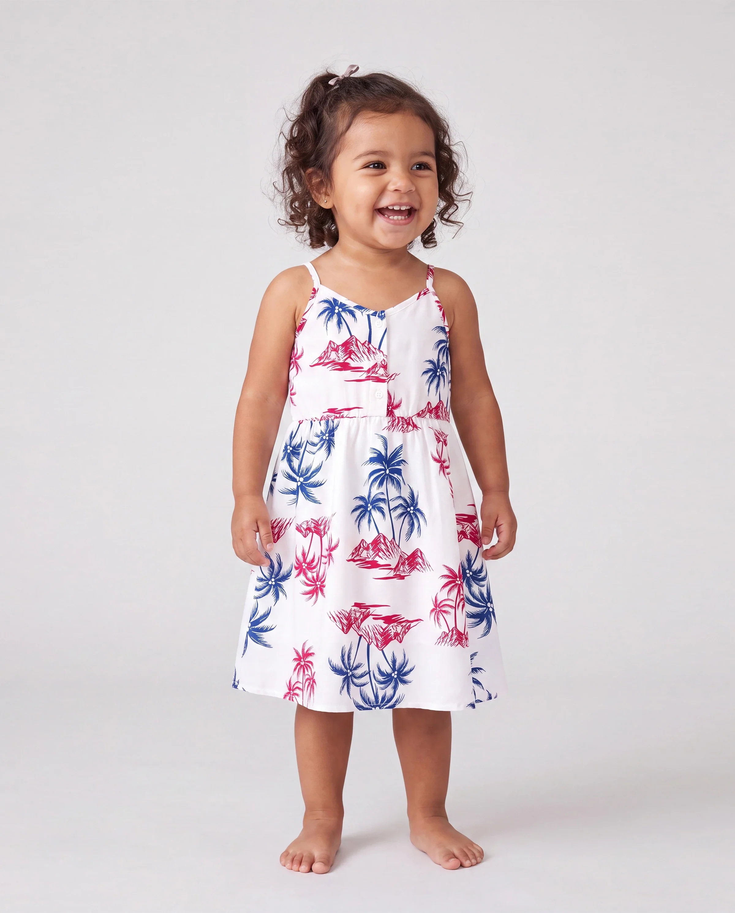 Independence Day Matching Family Outfits Red & Blue Palm Tree Print Hawaiian Vacation Clothes Summer Beach Shirt & Dress Set Multi-color - Image 3
