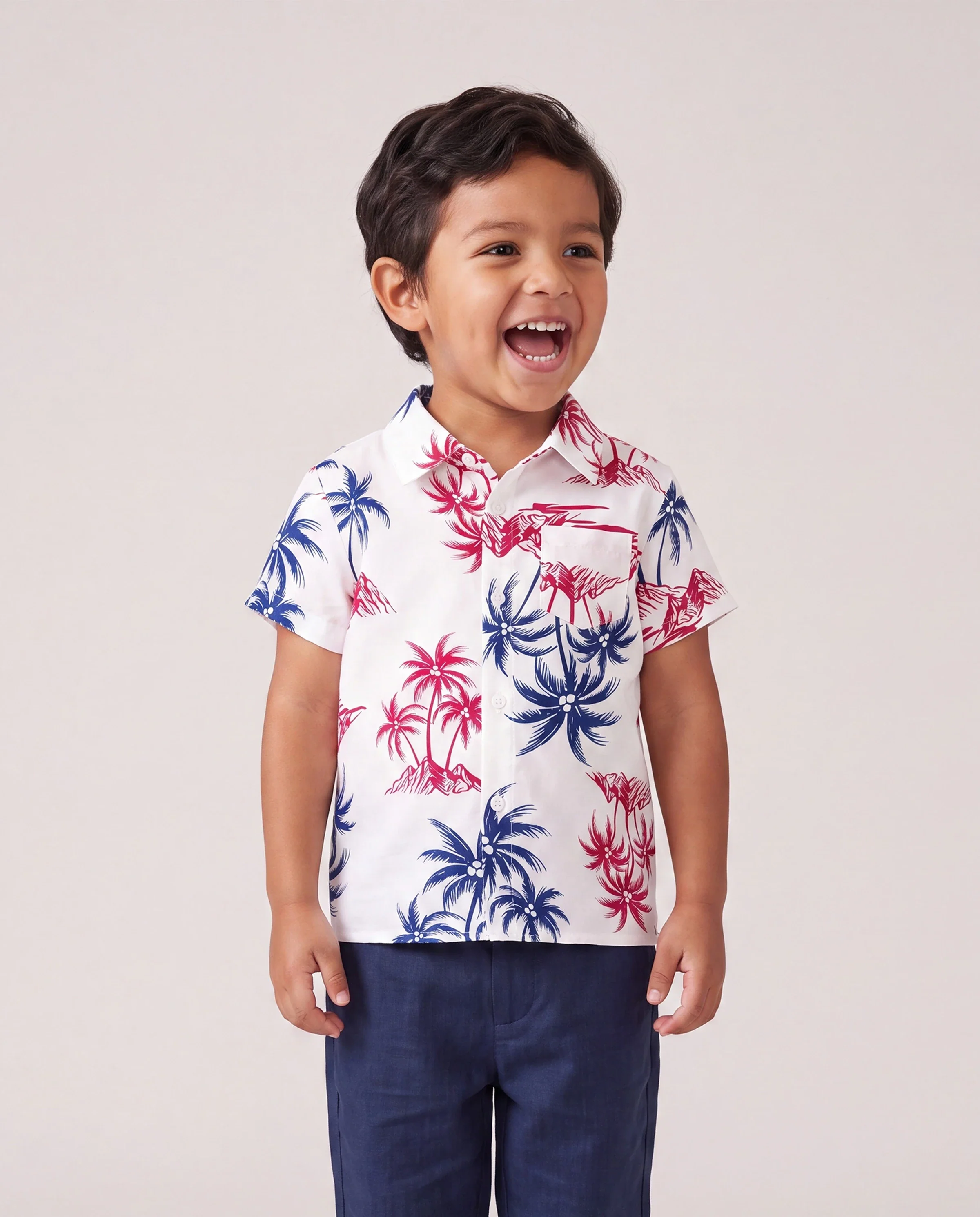 Independence Day Matching Family Outfits Red & Blue Palm Tree Print Hawaiian Vacation Clothes Summer Beach Shirt & Dress Set Multi-color - Image 5