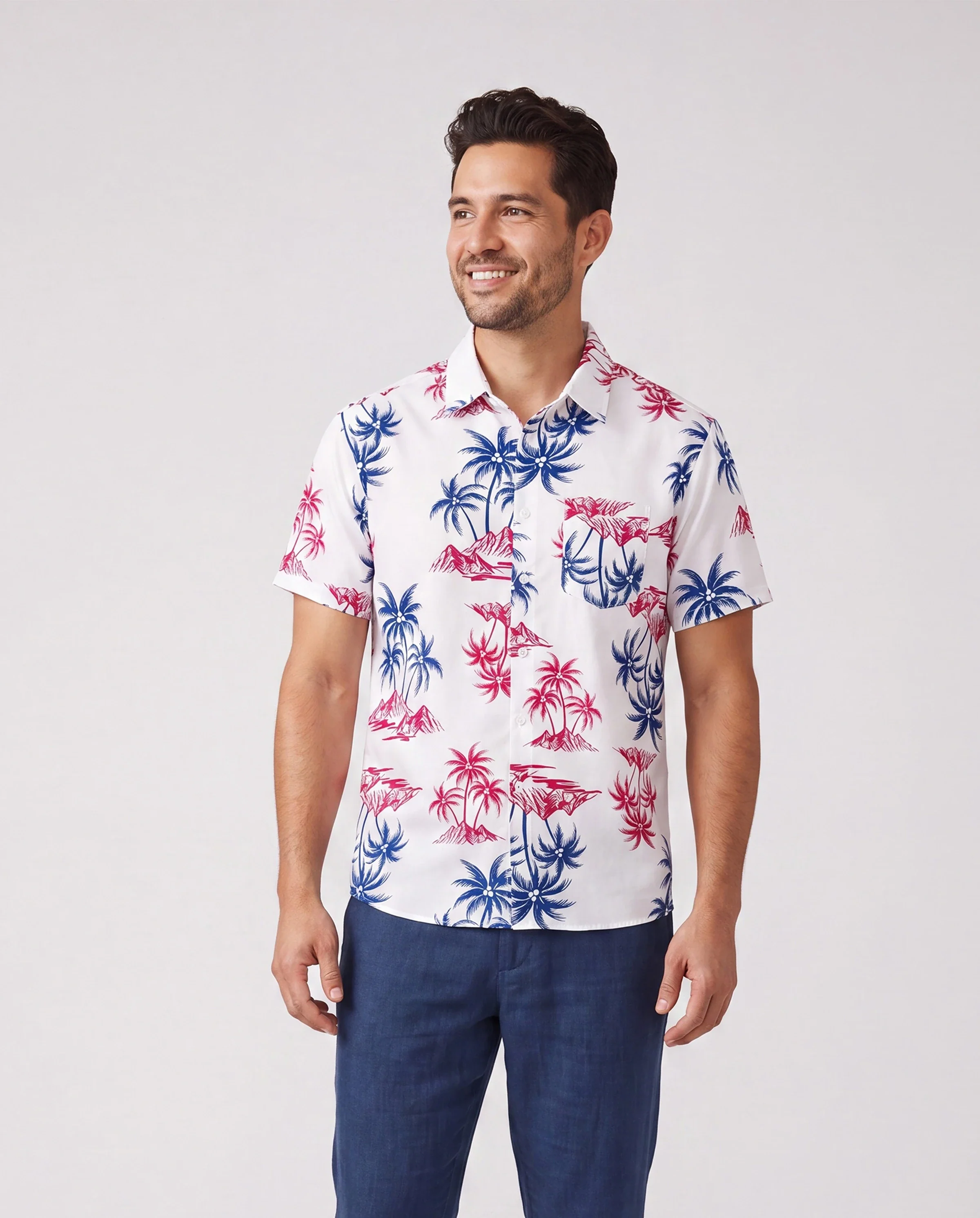 Independence Day Matching Family Outfits Red & Blue Palm Tree Print Hawaiian Vacation Clothes Summer Beach Shirt & Dress Set Multi-color - Image 6