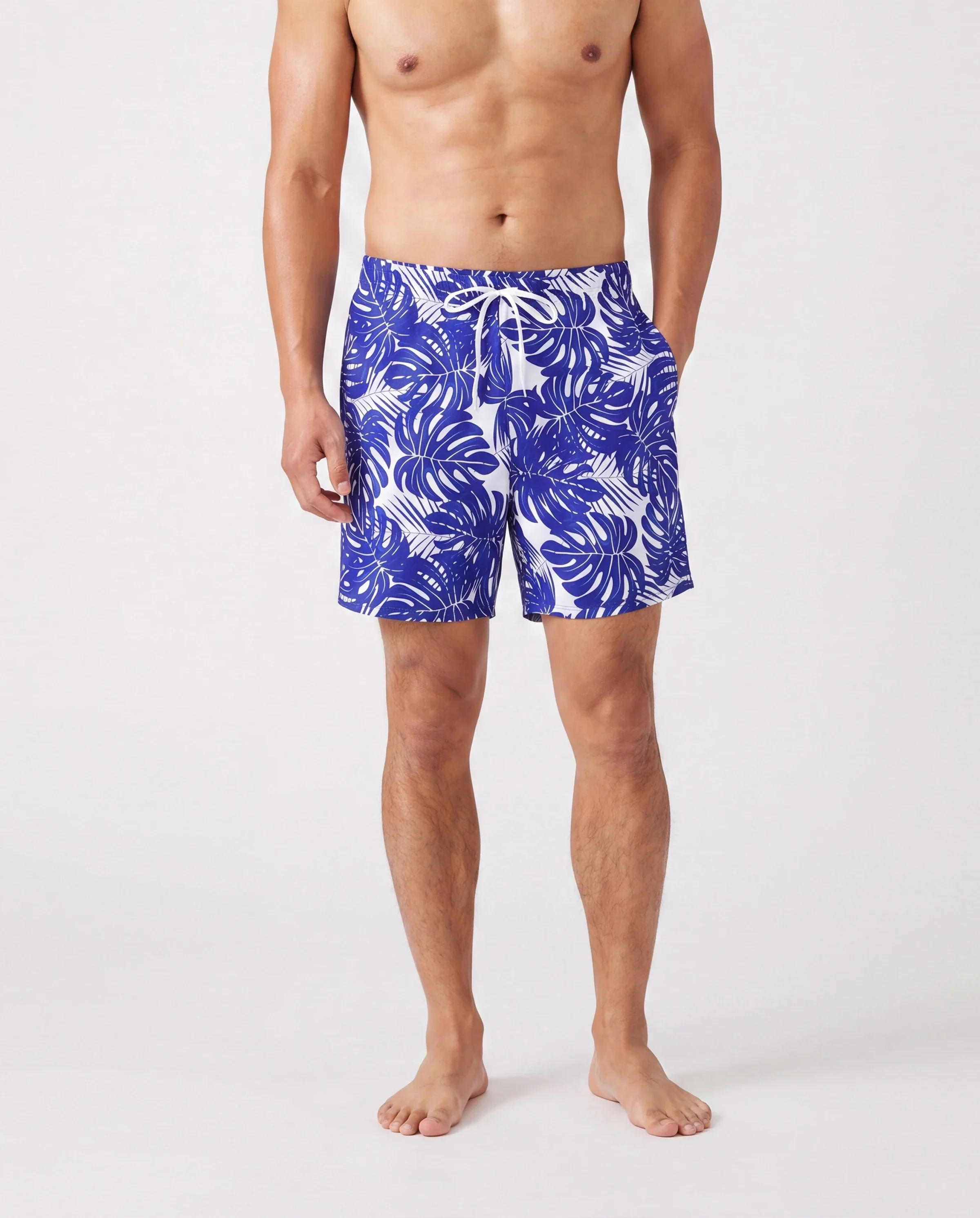 Family Matching Tropical Leaf Print Swim Trunks or Hollow-out Crisscross Straps One-piece Swimsuit Blue - Image 5