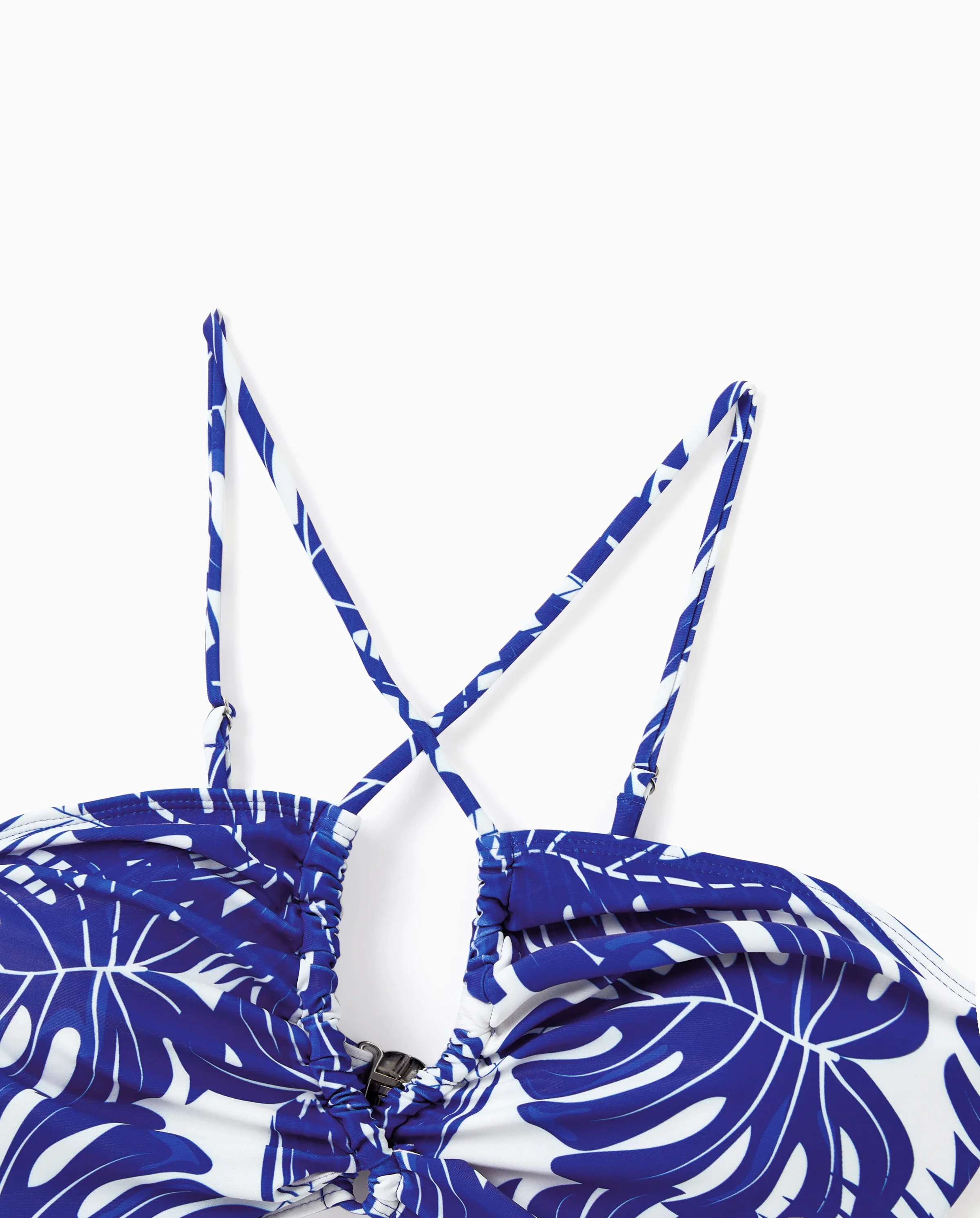 Family Matching Tropical Leaf Print Swim Trunks or Hollow-out Crisscross Straps One-piece Swimsuit Blue - Image 8