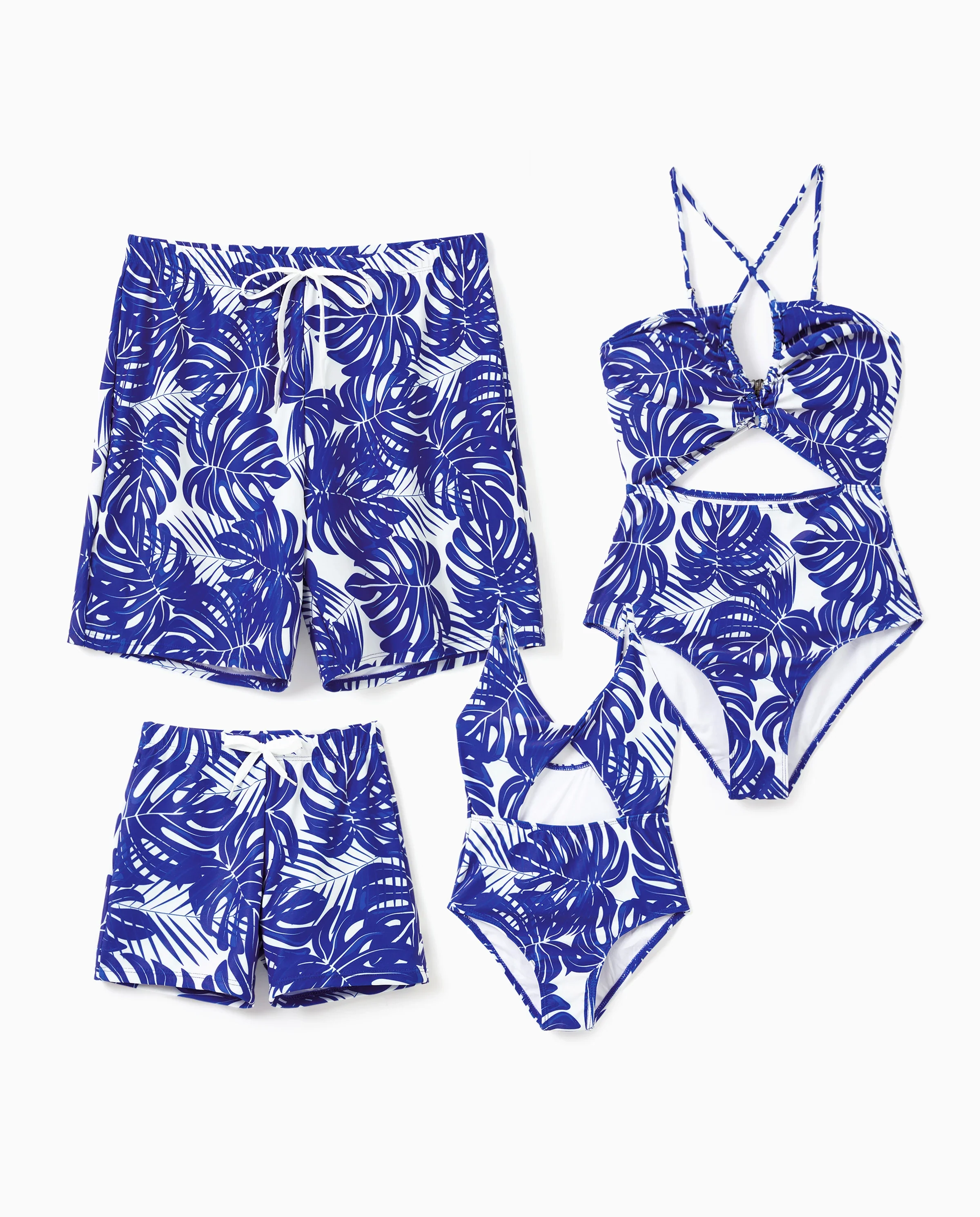 Family Matching Tropical Leaf Print Swim Trunks or Hollow-out Crisscross Straps One-piece Swimsuit Blue - Image 9