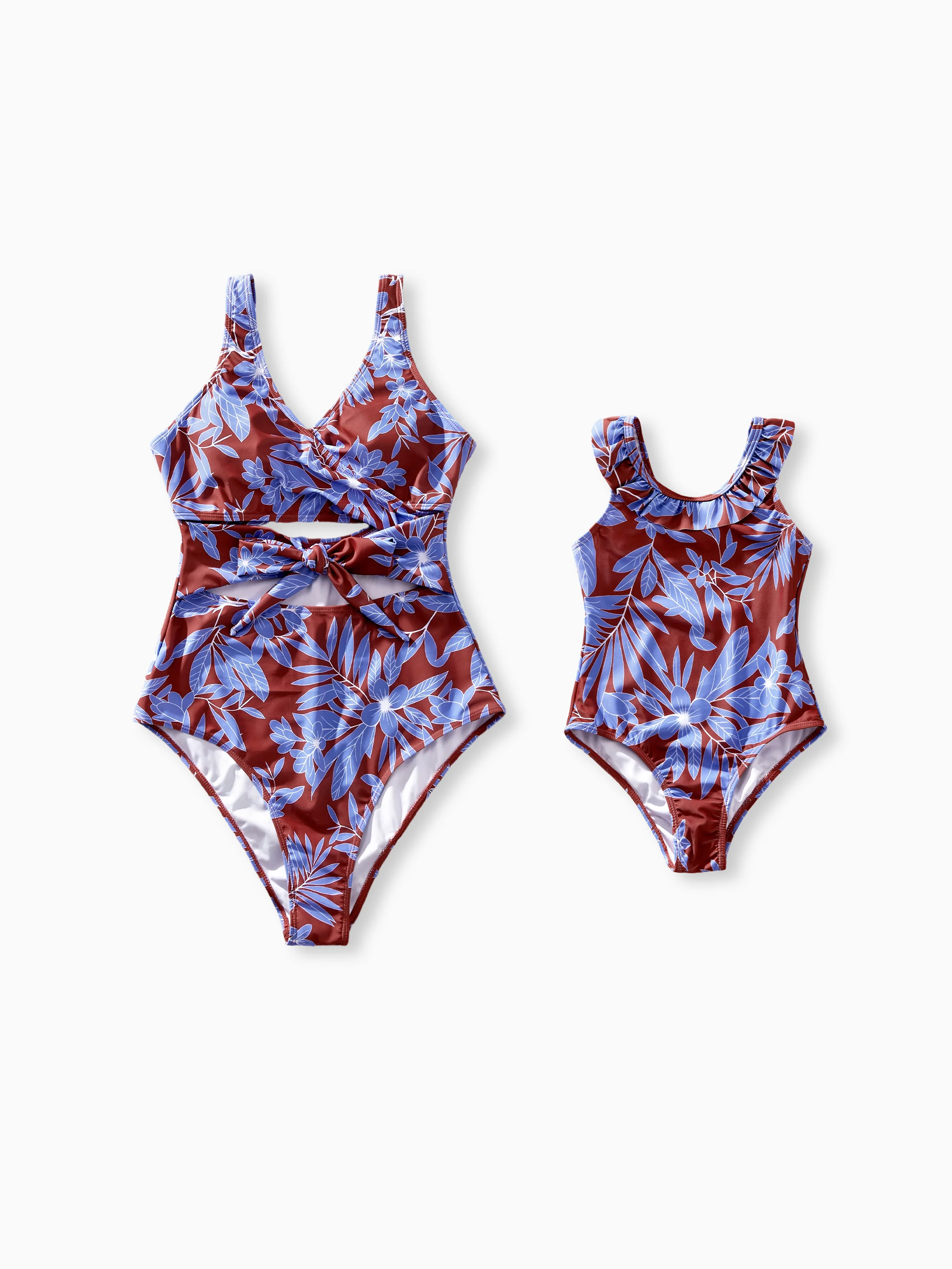 Family Matching Tropical Leaf Print Swimsuits Cutout One-Piece & Swim Trunks Set Blue