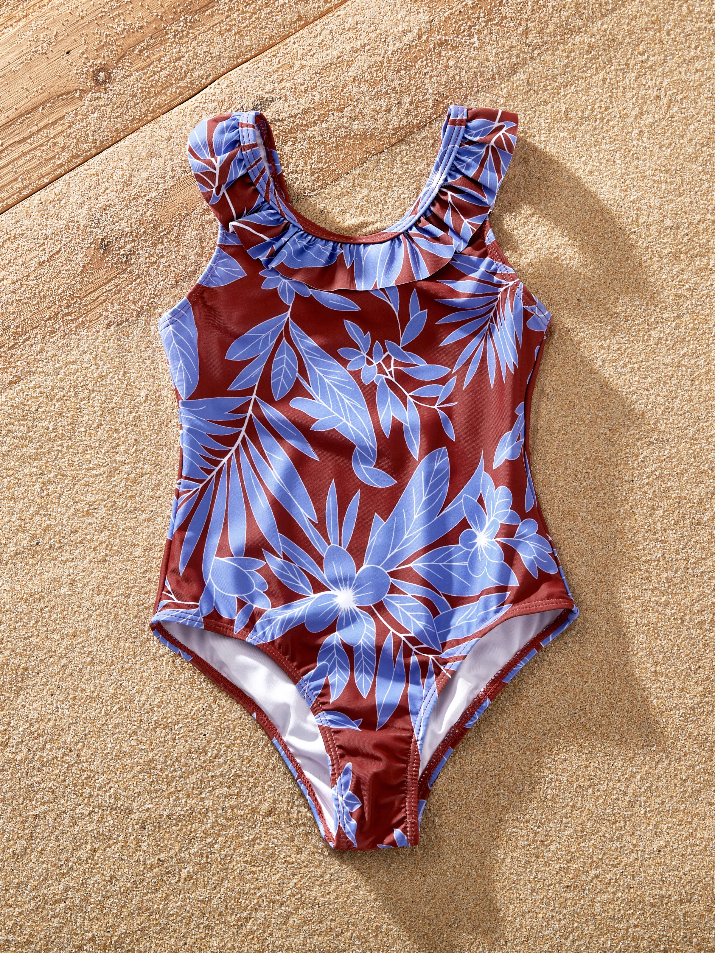 Family Matching Tropical Leaf Print Swimsuits Cutout One-Piece & Swim Trunks Set Blue - Image 10