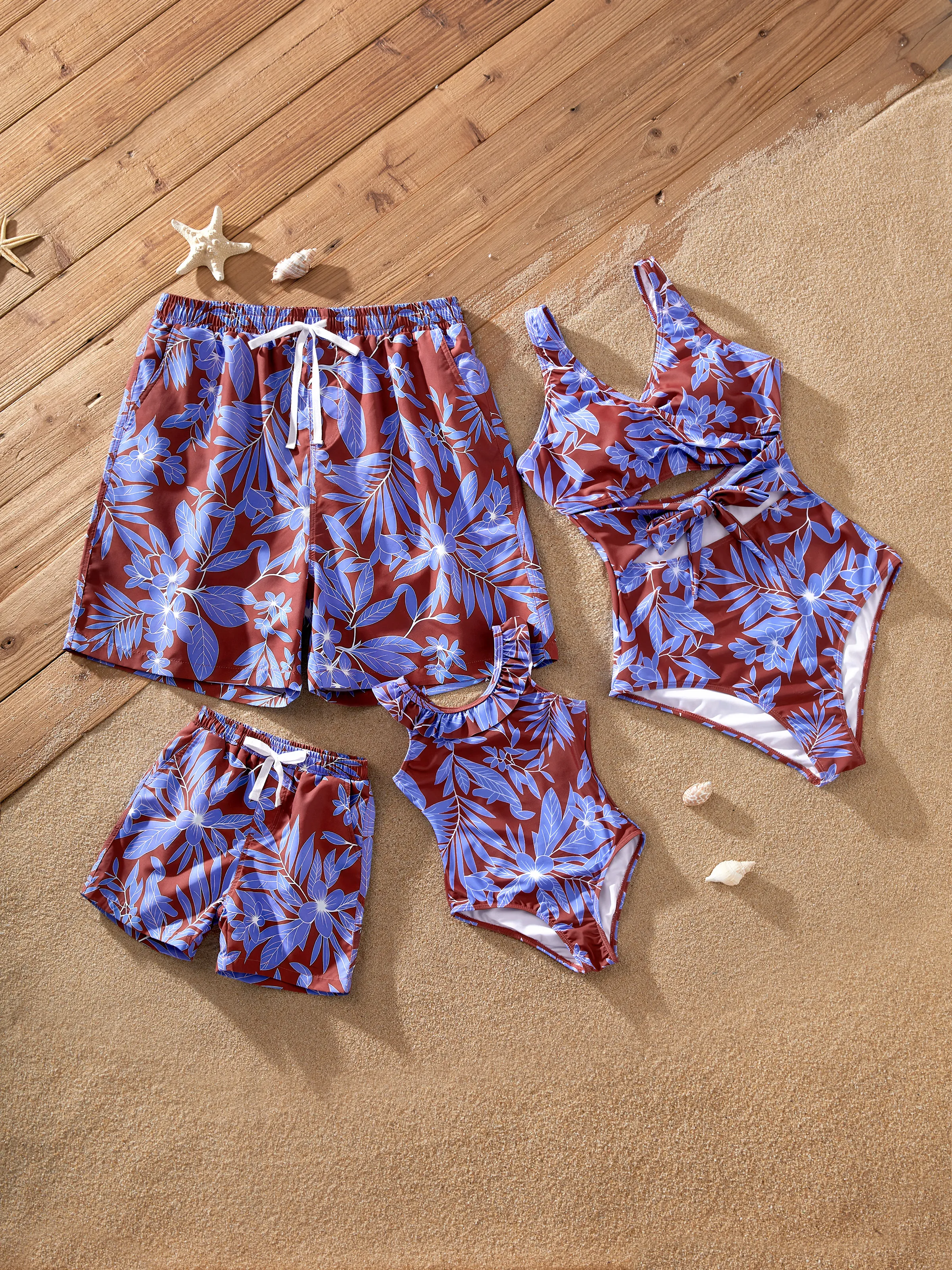 Family Matching Tropical Leaf Print Swimsuits Cutout One-Piece & Swim Trunks Set Multi-color - Image 4