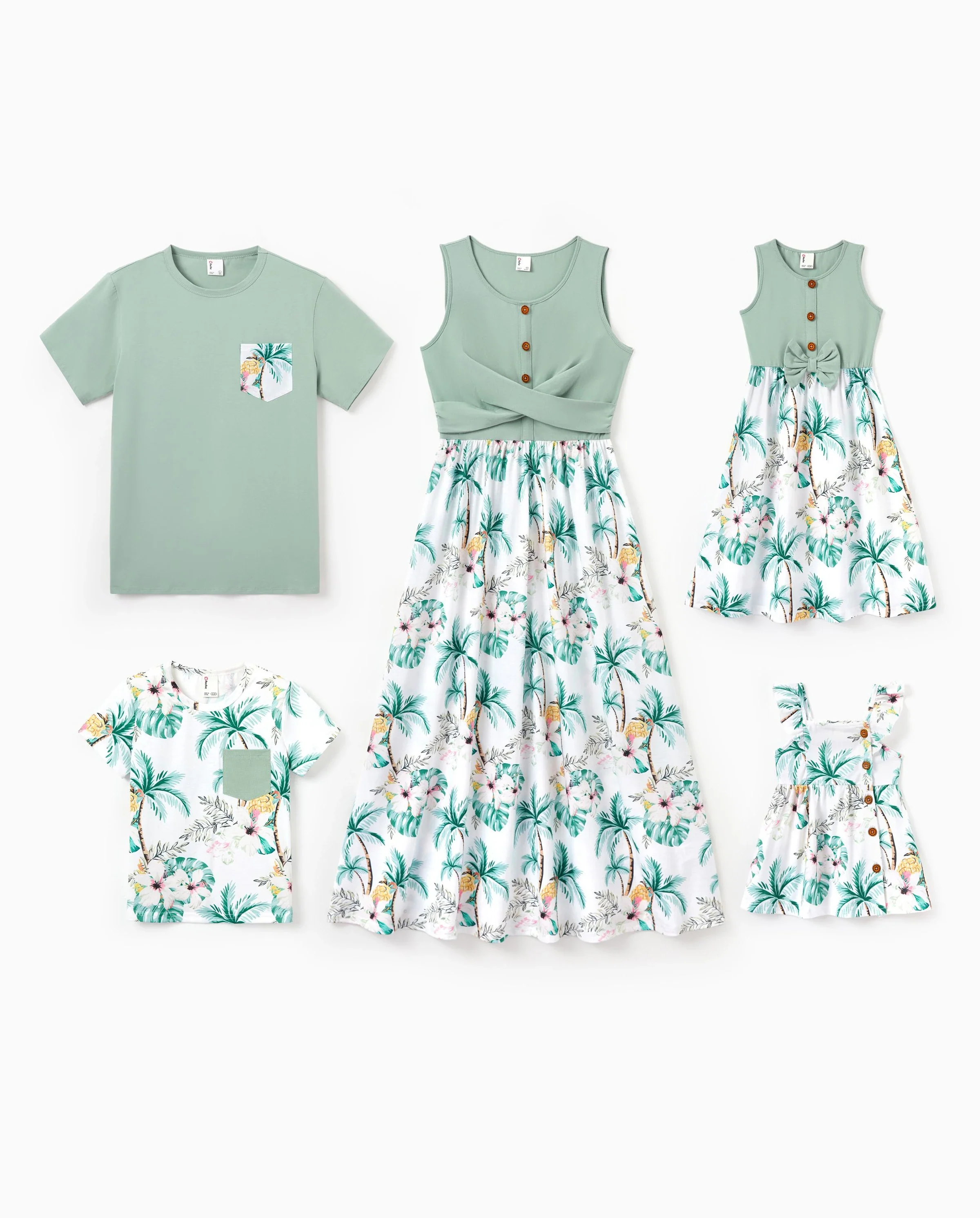 Family Matching Tropical Print Outfits Mommy & Me Tank Dress & Dad/Kids Cotton T-Shirt Set
 Green - Image 10